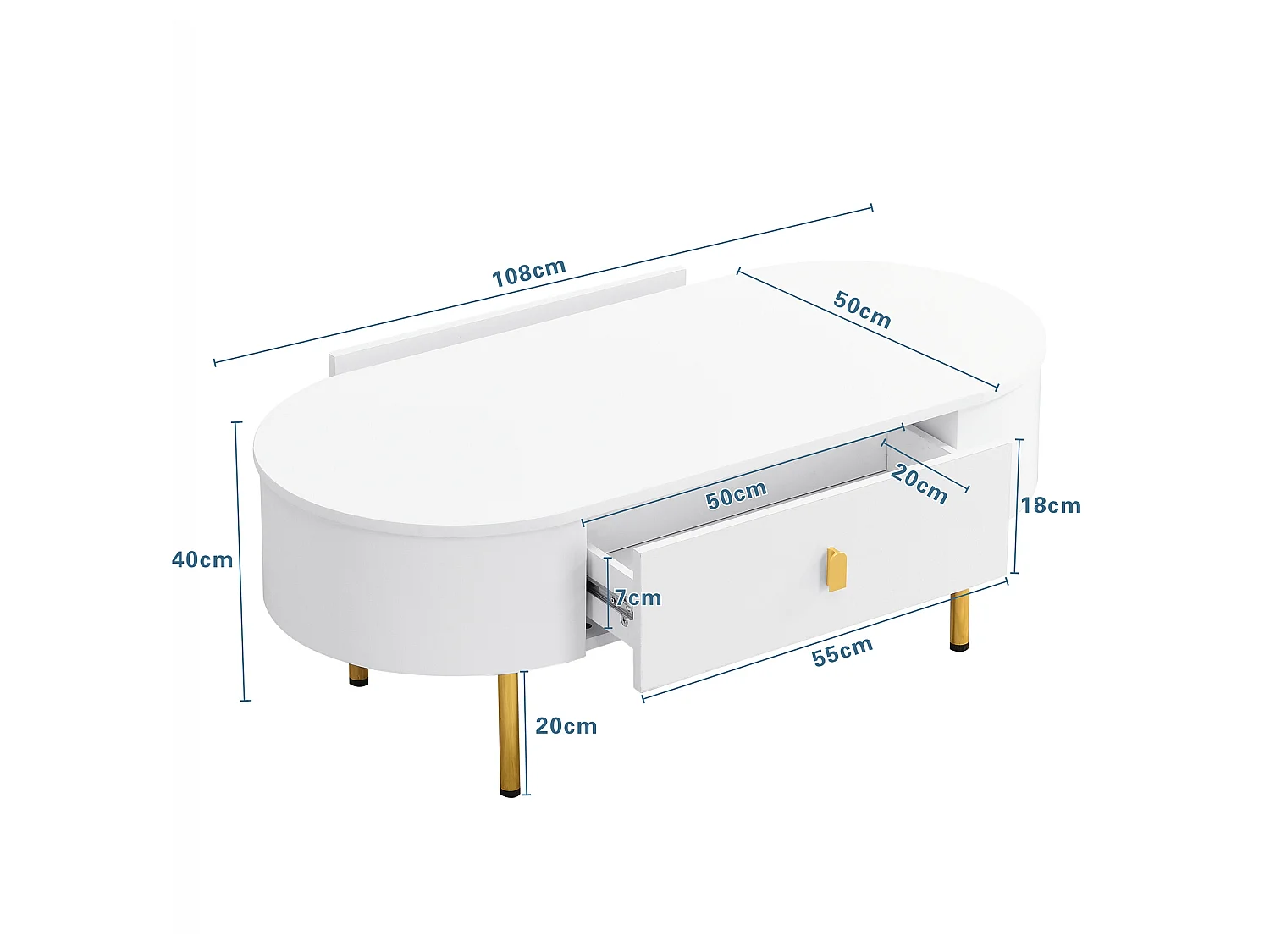 URBAN MEUBLE Table basse ovale blanche avec tiroirs et pieds dorés