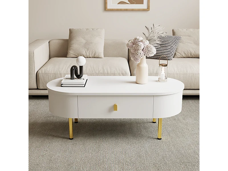 URBAN MEUBLE Table basse ovale blanche avec tiroirs et pieds dorés
