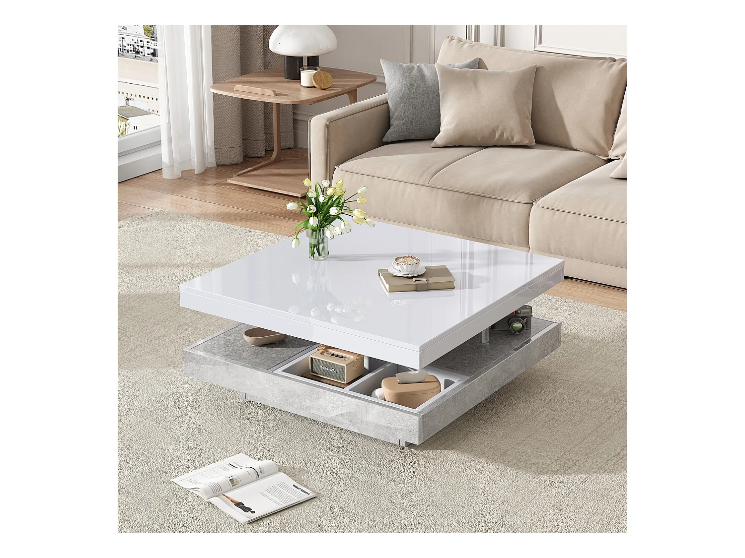 URBAN MEUBLE Table basse double plateau brillant pivotant à 360° en blanc et effet marbre grise clair
