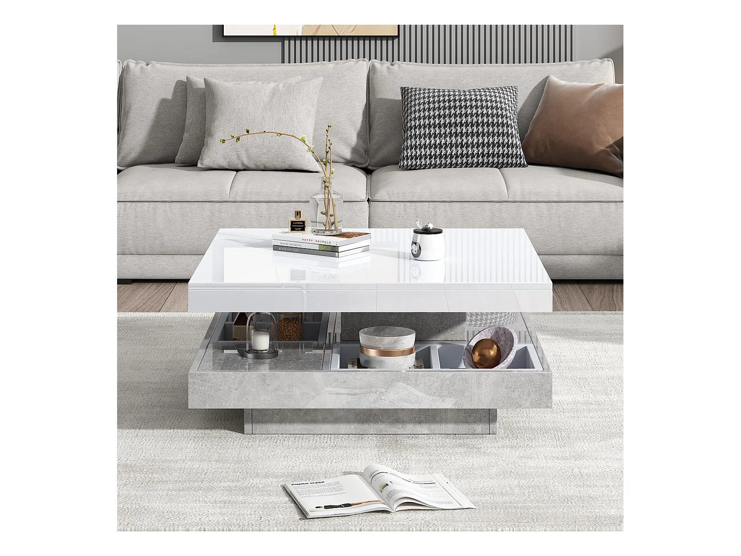 URBAN MEUBLE Table basse double plateau brillant pivotant à 360° en blanc et effet marbre grise clair