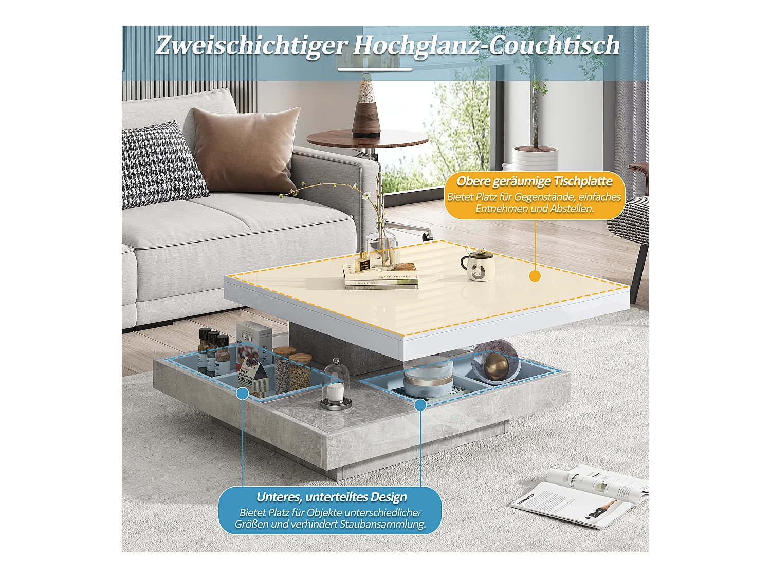 URBAN MEUBLE Table basse double plateau brillant pivotant à 360° en blanc et effet marbre grise clair