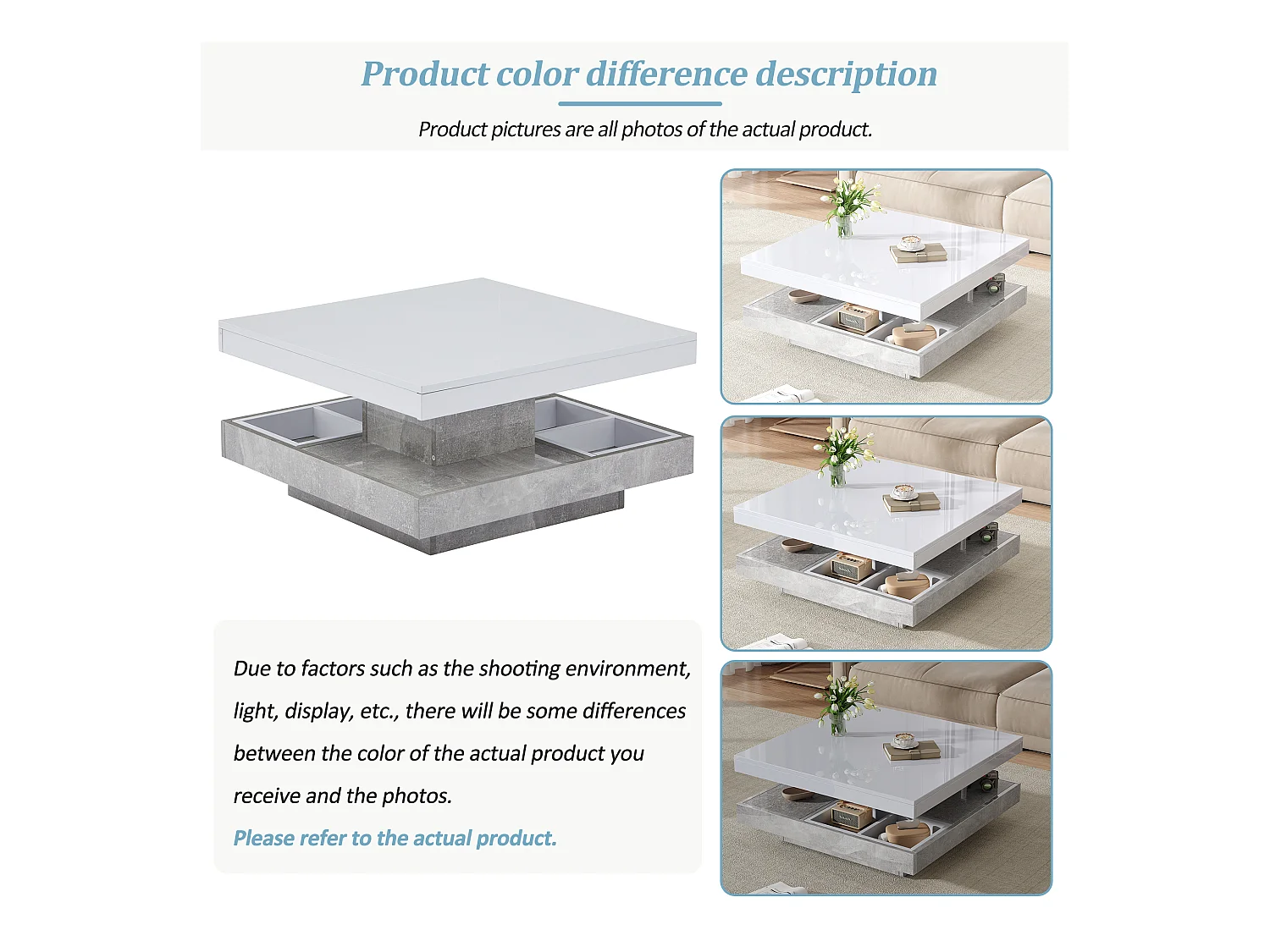 URBAN MEUBLE Table basse double plateau brillant pivotant à 360° en blanc et effet marbre grise clair