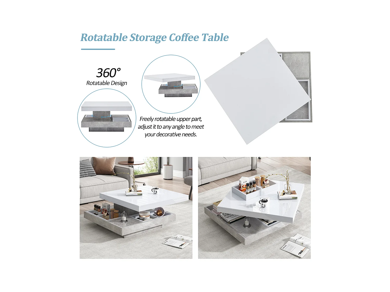 URBAN MEUBLE Table basse double plateau brillant pivotant à 360° en blanc et effet marbre grise clair