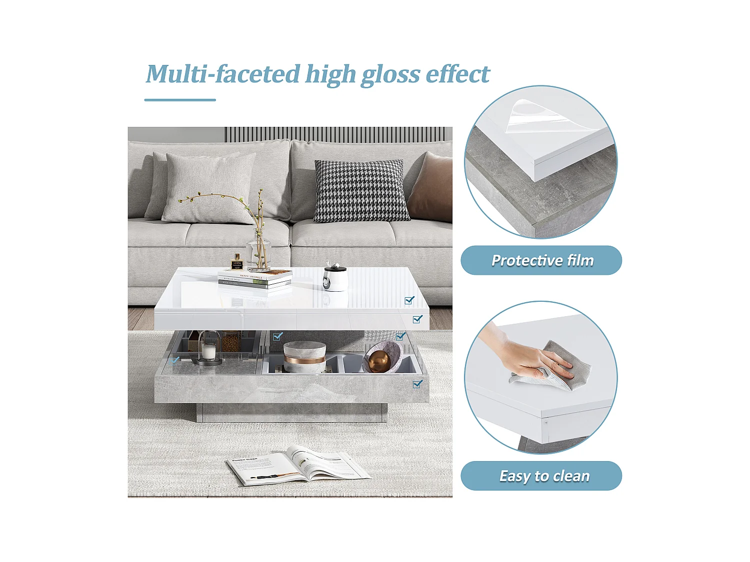 URBAN MEUBLE Table basse double plateau brillant pivotant à 360° en blanc et effet marbre grise clair