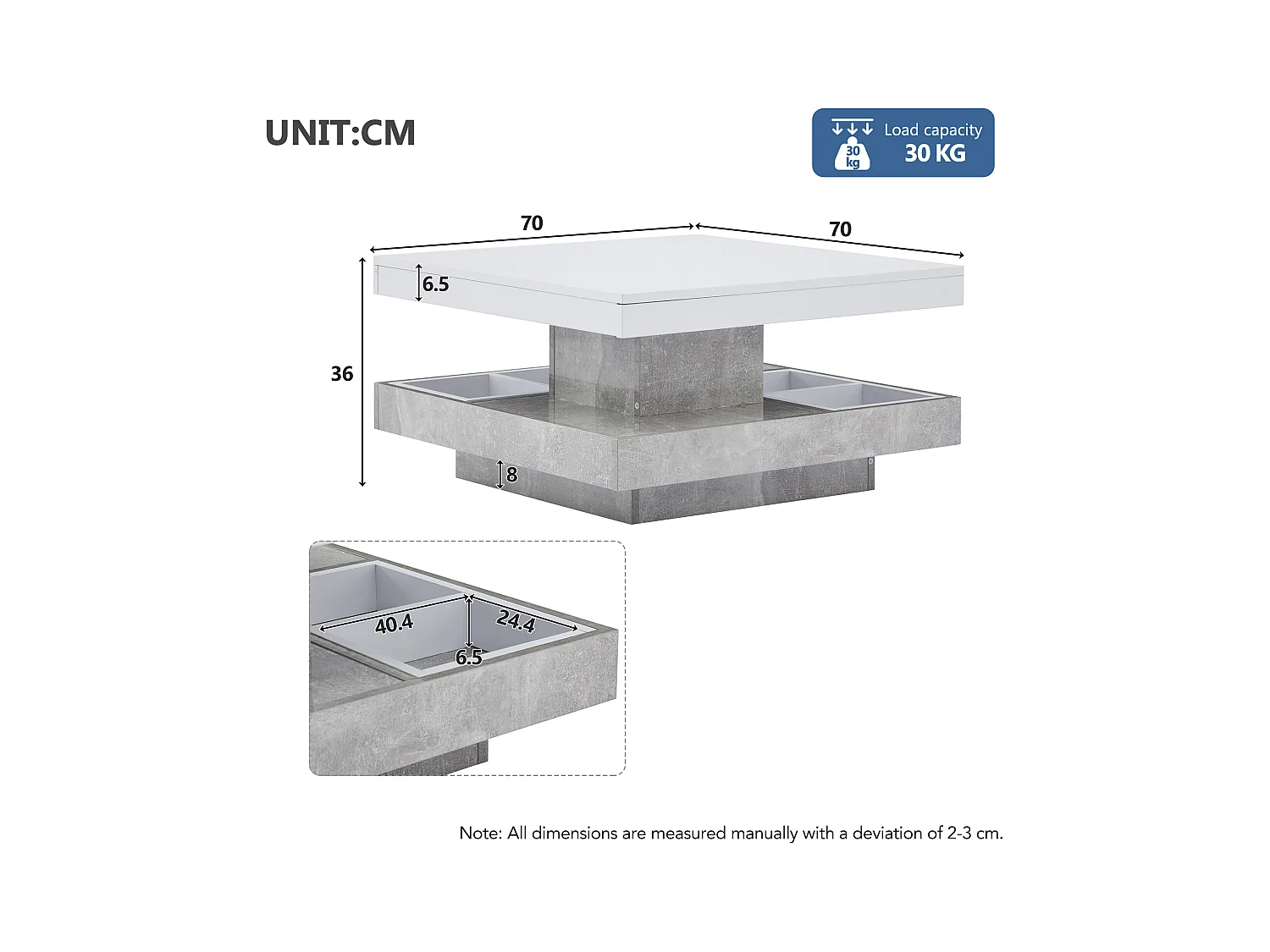 URBAN MEUBLE Table basse double plateau brillant pivotant à 360° en blanc et effet marbre grise clair