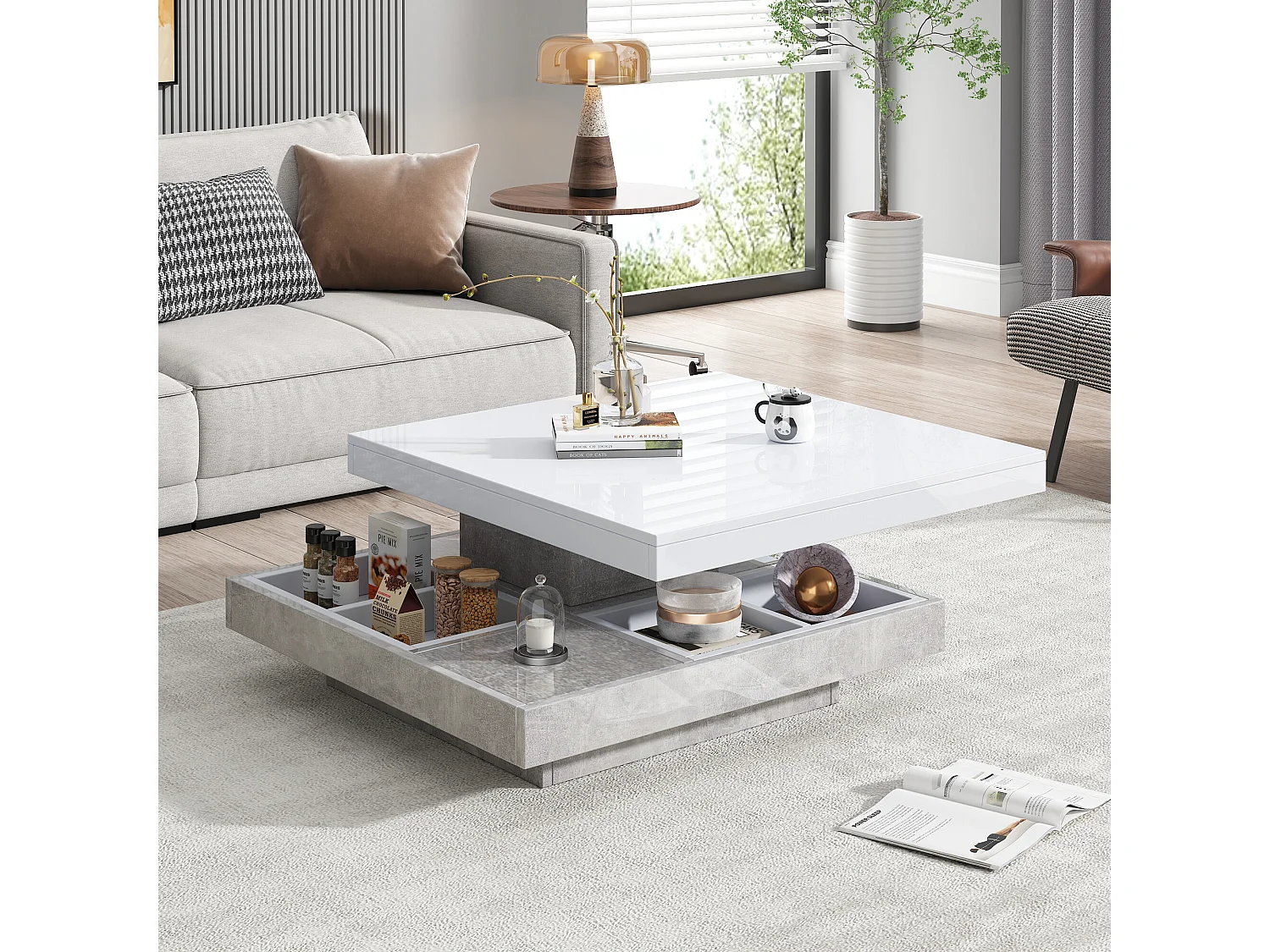 URBAN MEUBLE Table basse double plateau brillant pivotant à 360° en blanc et effet marbre grise clair