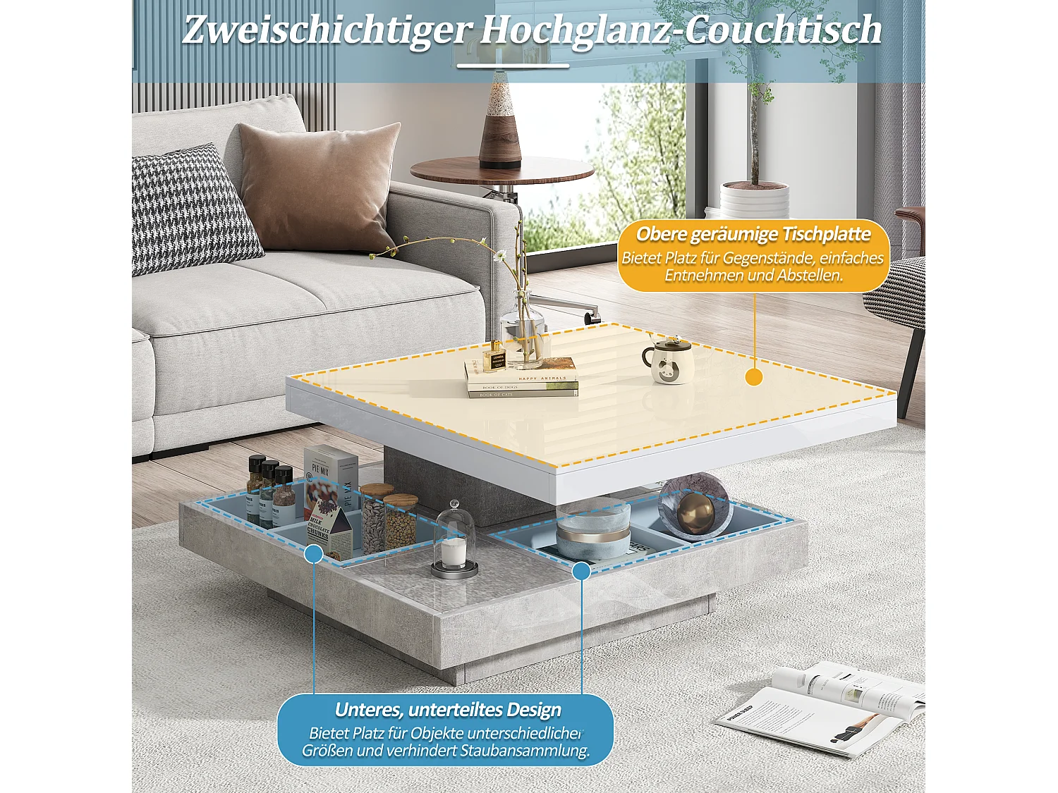 URBAN MEUBLE Table basse double plateau brillant pivotant à 360° en blanc et effet marbre grise clair