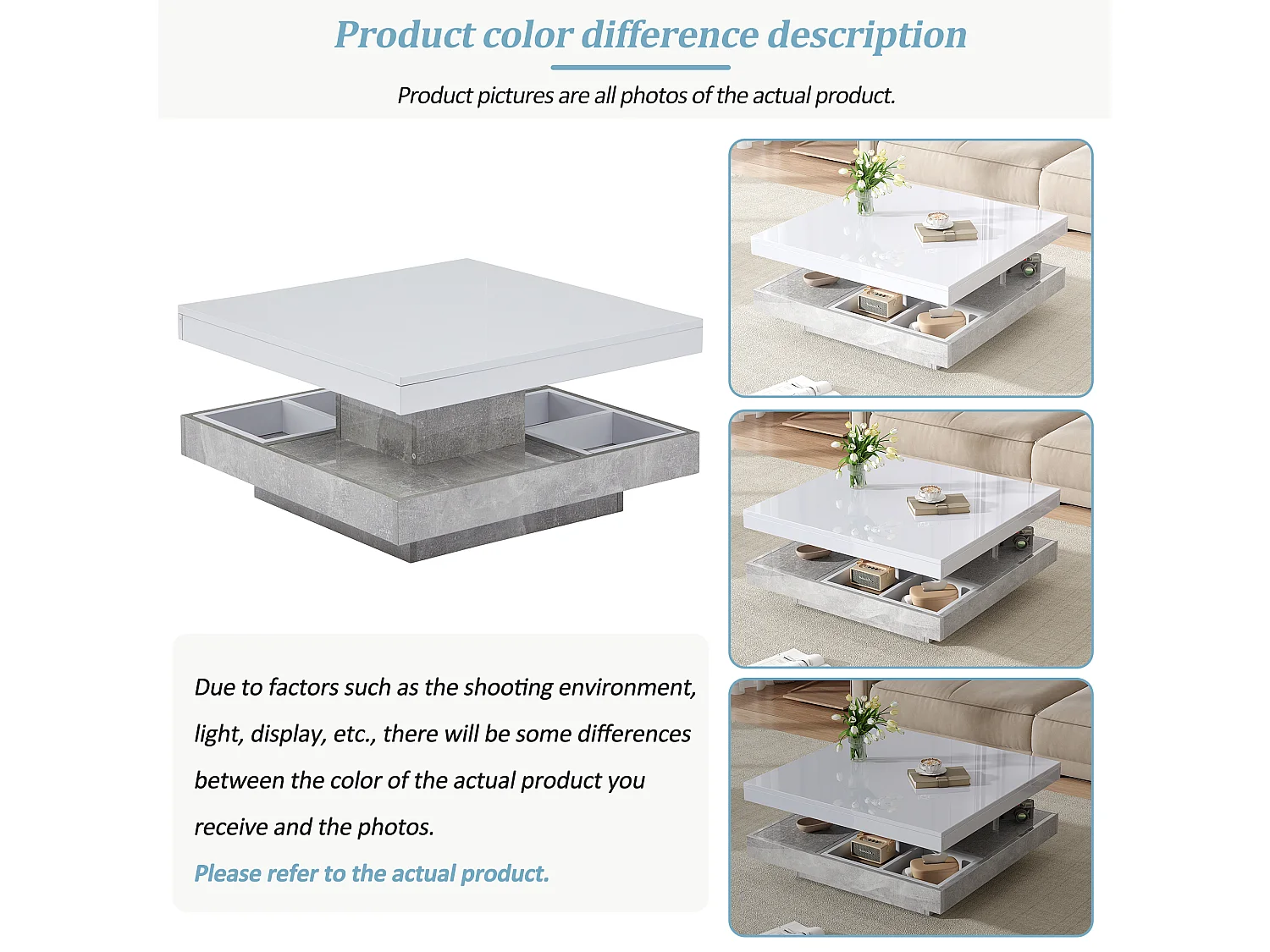 URBAN MEUBLE Table basse double plateau brillant pivotant à 360° en blanc et effet marbre grise clair
