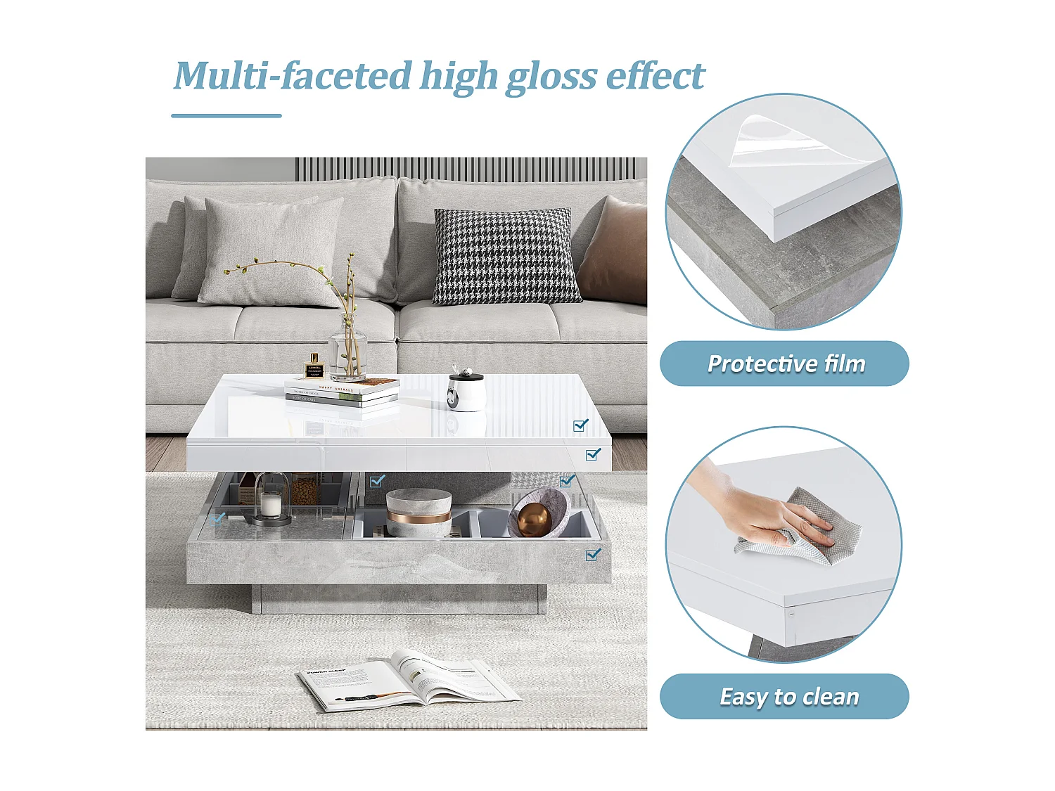 URBAN MEUBLE Table basse double plateau brillant pivotant à 360° en blanc et effet marbre grise clair