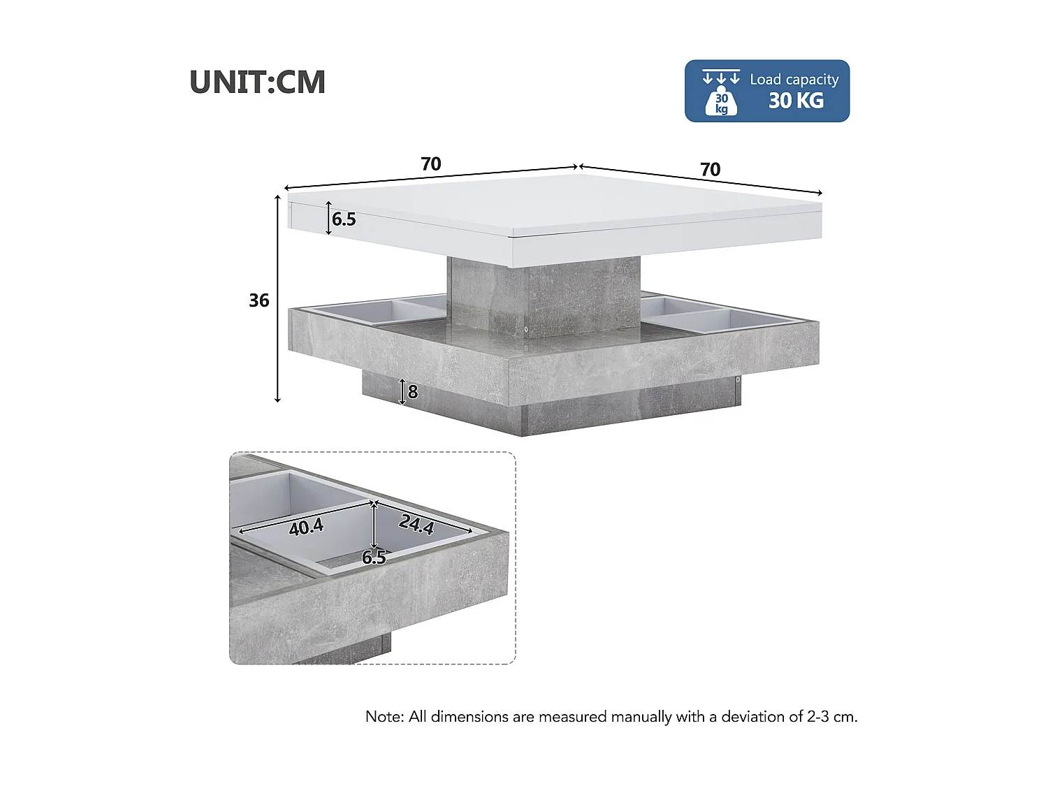 URBAN MEUBLE Table basse double plateau brillant pivotant à 360° en blanc et effet marbre grise clair