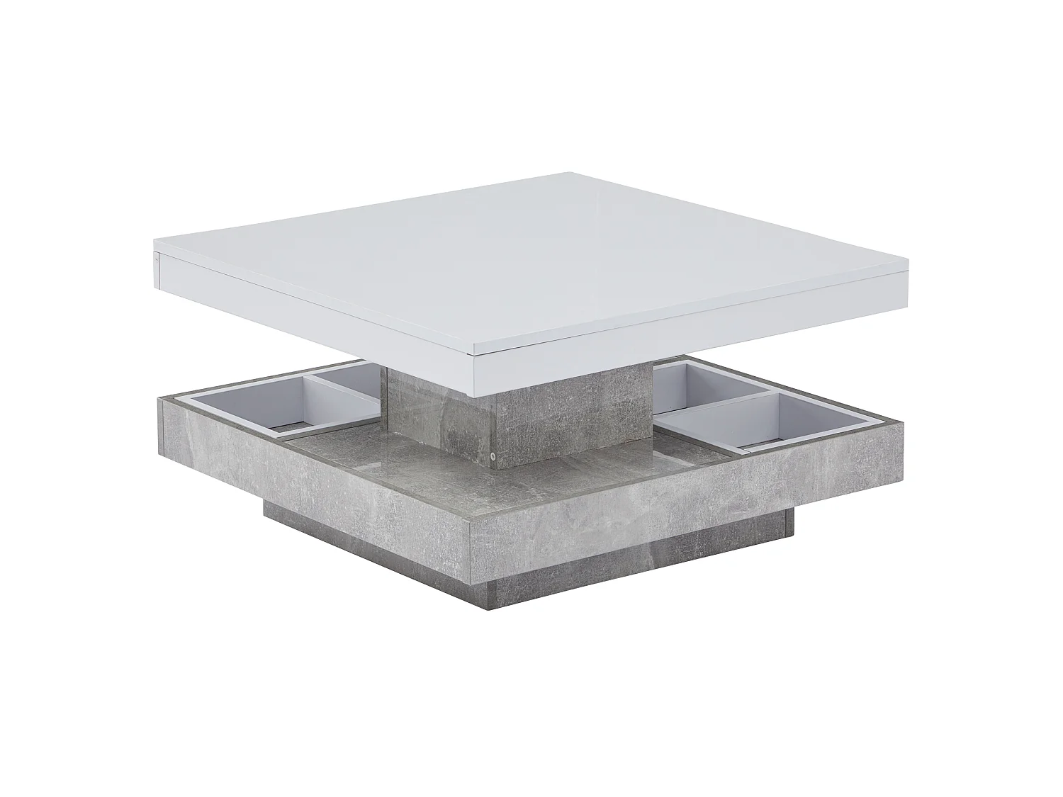 URBAN MEUBLE Table basse double plateau brillant pivotant à 360° en blanc et effet marbre grise clair
