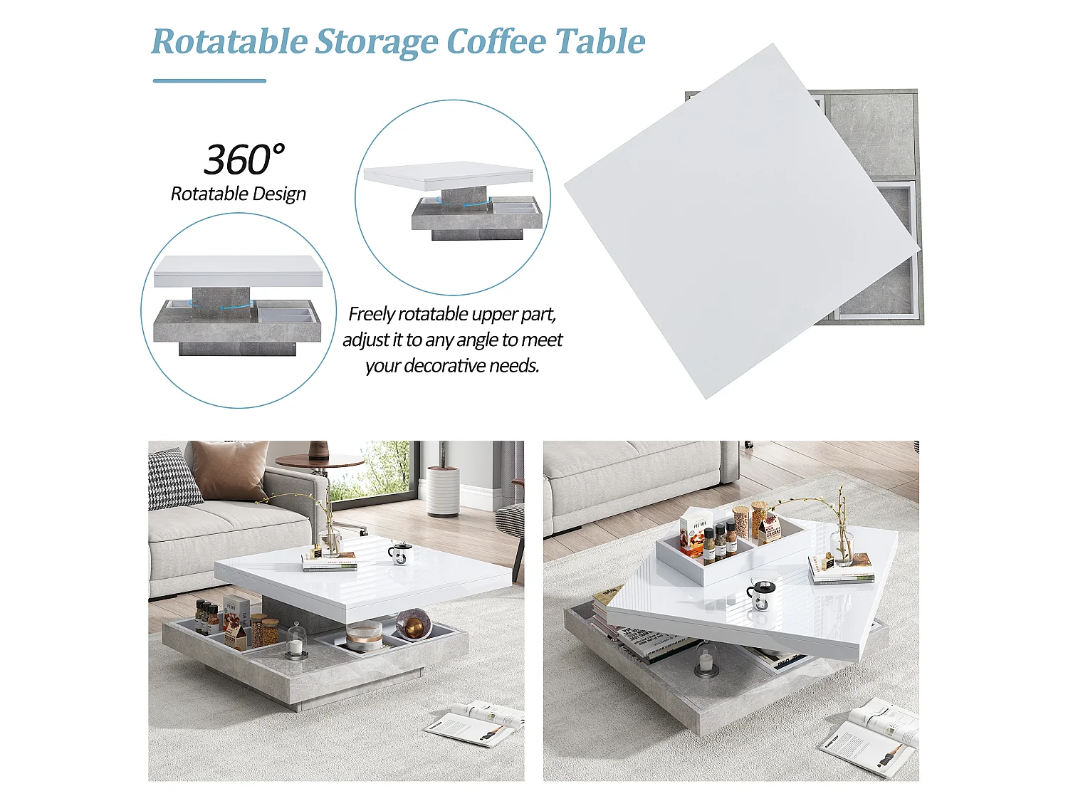 URBAN MEUBLE Table basse double plateau brillant pivotant à 360° en blanc et effet marbre grise clair