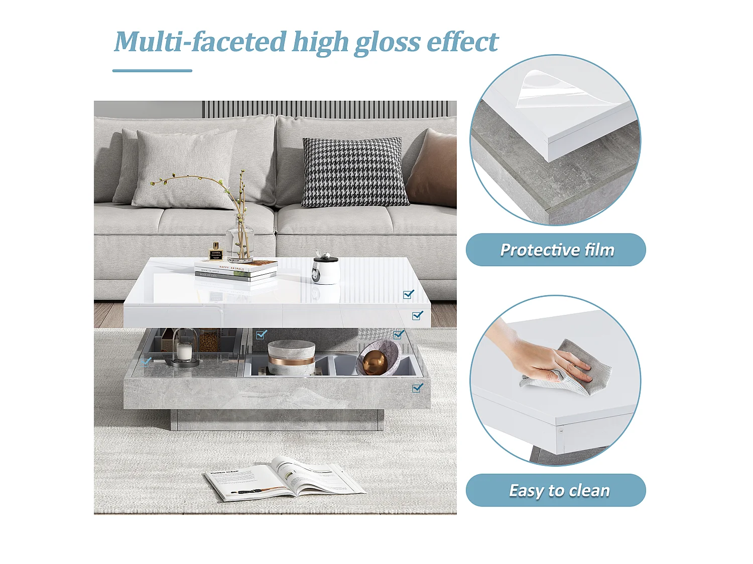 URBAN MEUBLE Table basse double plateau brillant pivotant à 360° en blanc et effet marbre grise clair