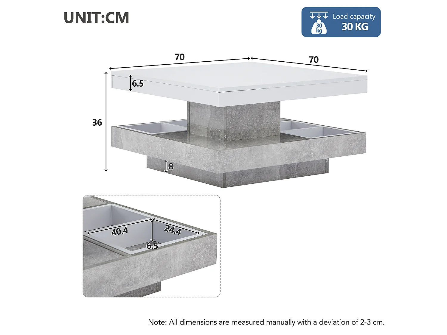 URBAN MEUBLE Table basse double plateau brillant pivotant à 360° en blanc et effet marbre grise clair