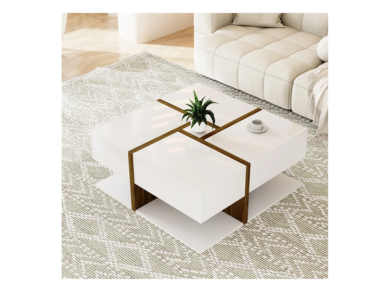 URBAN MEUBLE Table basse carrée blanche brillante avec 4 tiroirs et design géométrique 78*78*34,8 cm