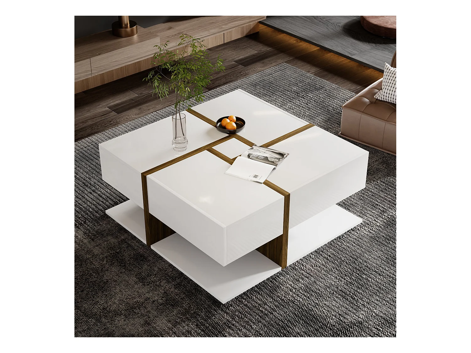 URBAN MEUBLE Table basse carrée blanche brillante avec 4 tiroirs et design géométrique 78*78*34,8 cm