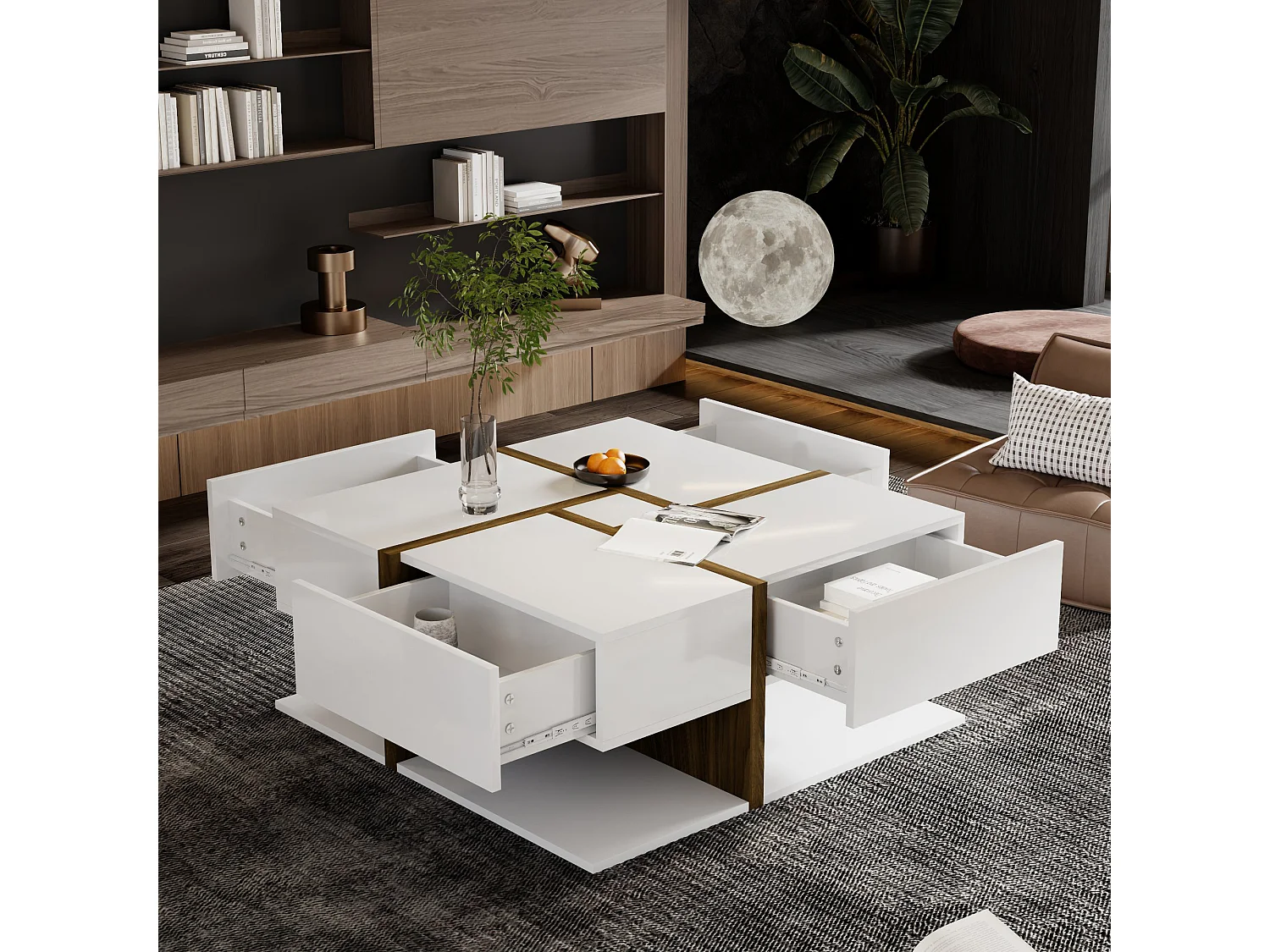 URBAN MEUBLE Table basse carrée blanche brillante avec 4 tiroirs et design géométrique 78*78*34,8 cm