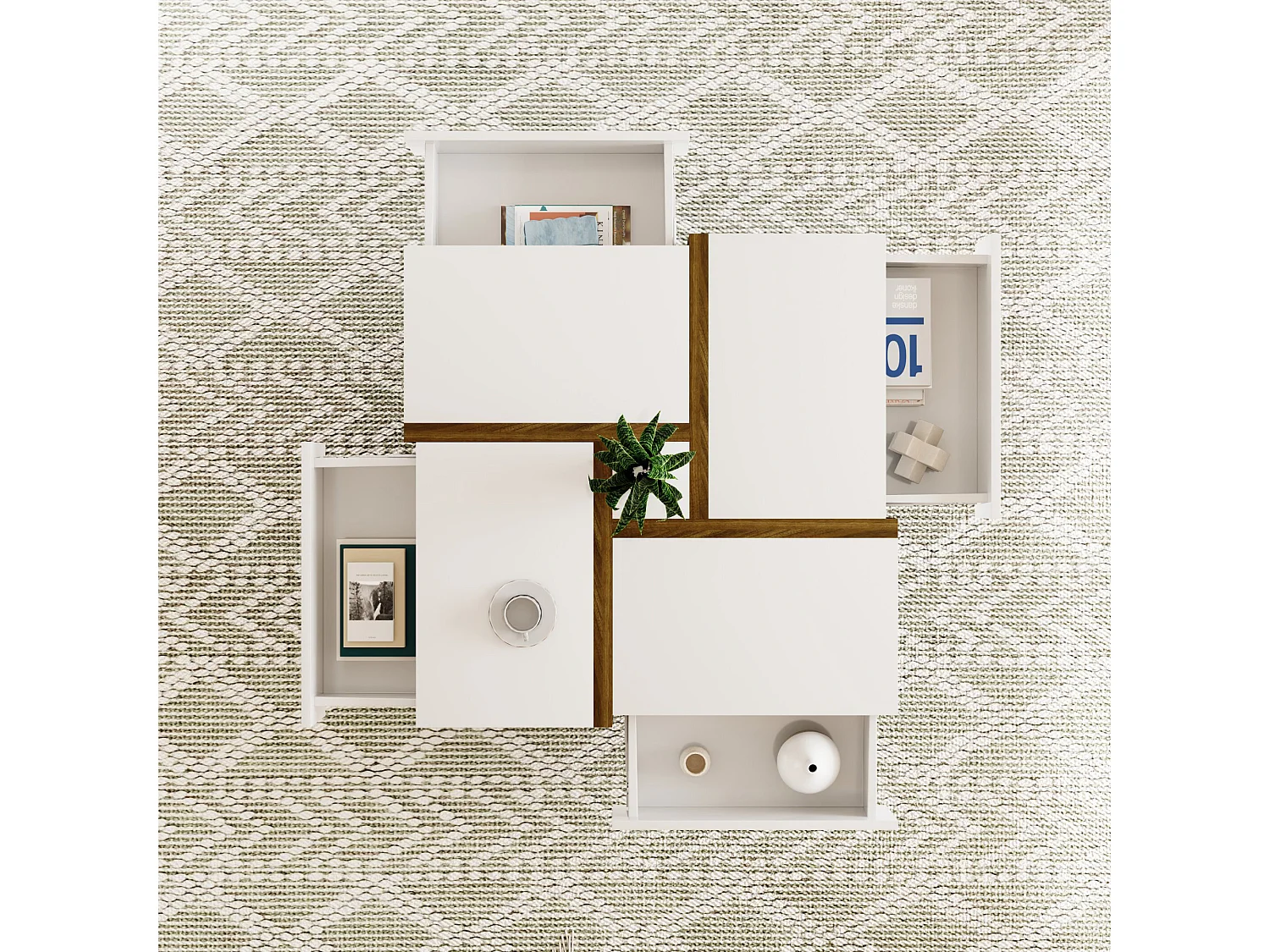 URBAN MEUBLE Table basse carrée blanche brillante avec 4 tiroirs et design géométrique 78*78*34,8 cm