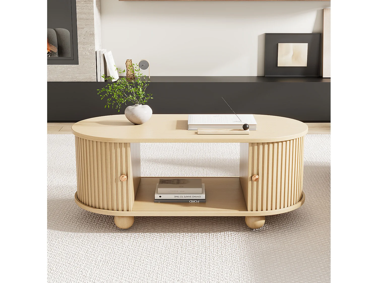 URBAN MEUBLE Table basse ovale effet bois clair 2 portes coulissantes multifonctionnel