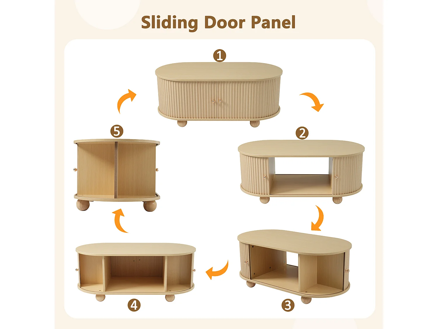 URBAN MEUBLE Table basse ovale effet bois clair 2 portes coulissantes multifonctionnel