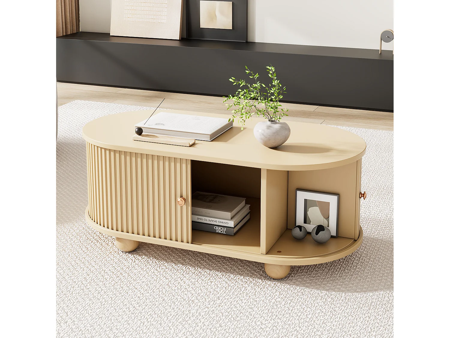 URBAN MEUBLE Table basse ovale effet bois clair 2 portes coulissantes multifonctionnel