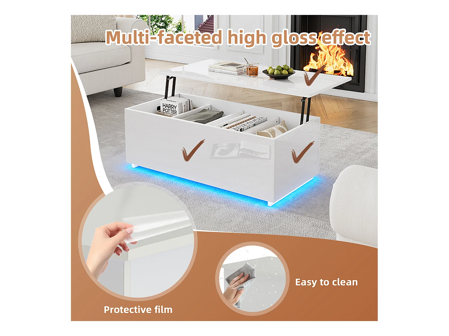 URBAN MEUBLE Table basse relevable blanche brillante avec éclairage LED 100*50*35 cm