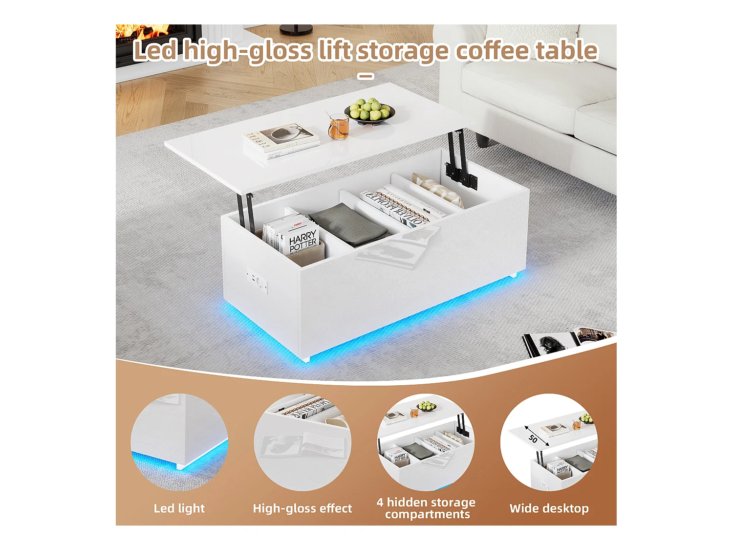 URBAN MEUBLE Table basse relevable blanche brillante avec éclairage LED 100*50*35 cm