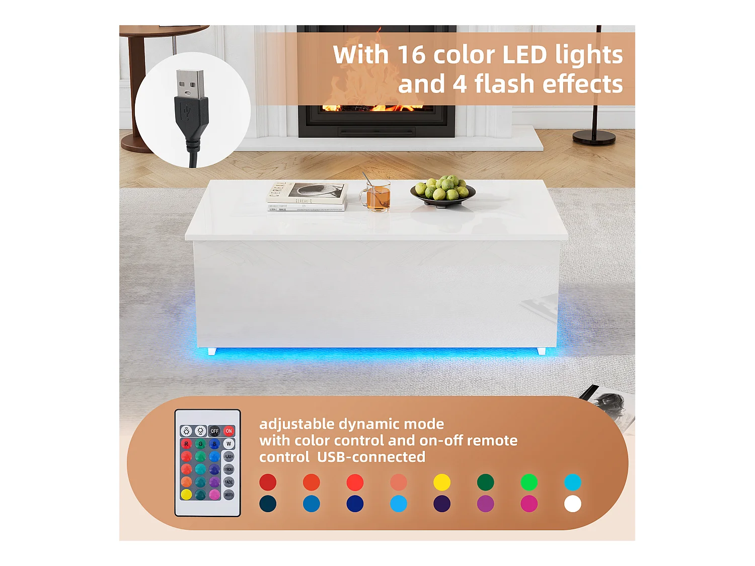URBAN MEUBLE Table basse relevable blanche brillante avec éclairage LED 100*50*35 cm