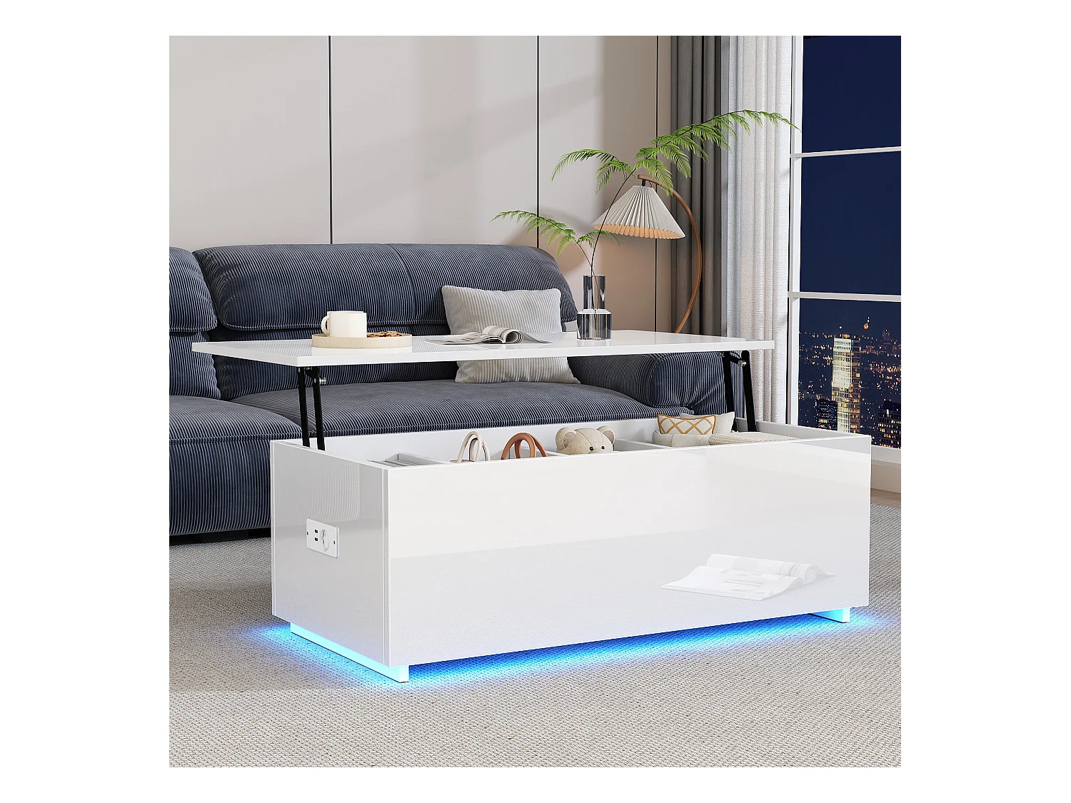URBAN MEUBLE Table basse relevable blanche brillante avec éclairage LED 100*50*35 cm