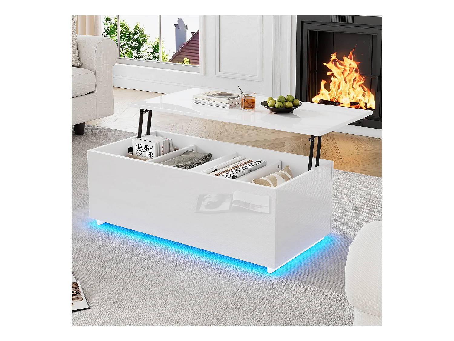 URBAN MEUBLE Table basse relevable blanche brillante avec éclairage LED 100*50*35 cm