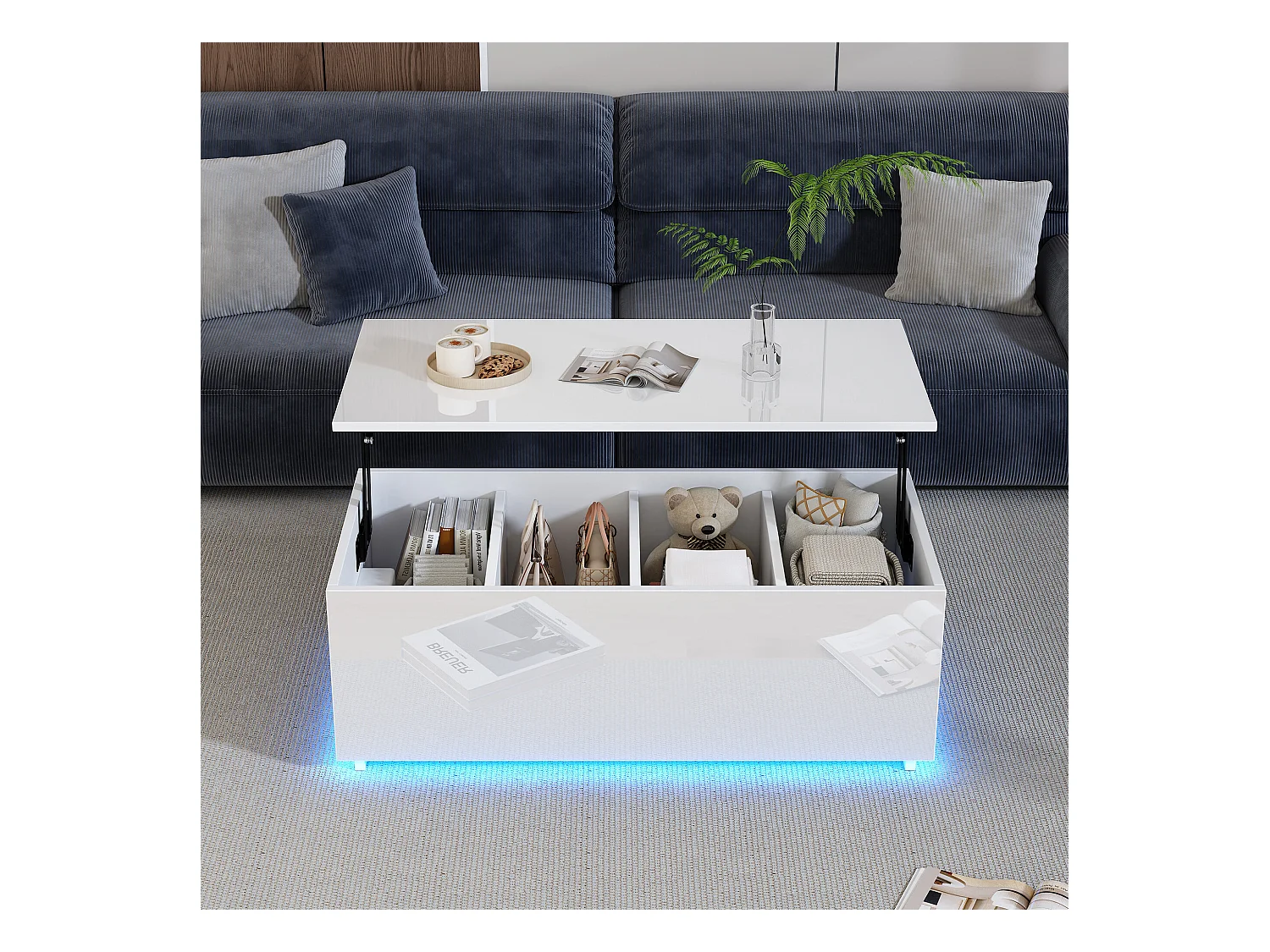 URBAN MEUBLE Table basse relevable blanche brillante avec éclairage LED 100*50*35 cm