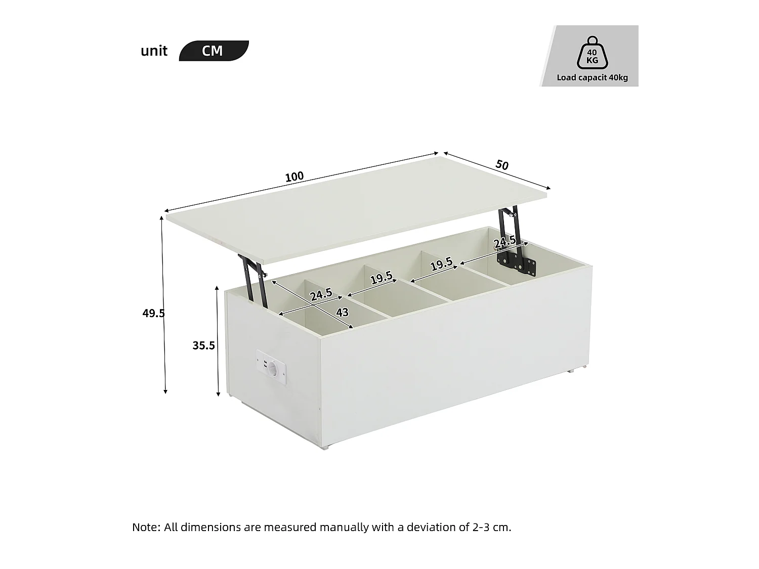 URBAN MEUBLE Table basse relevable blanche brillante avec éclairage LED 100*50*35 cm