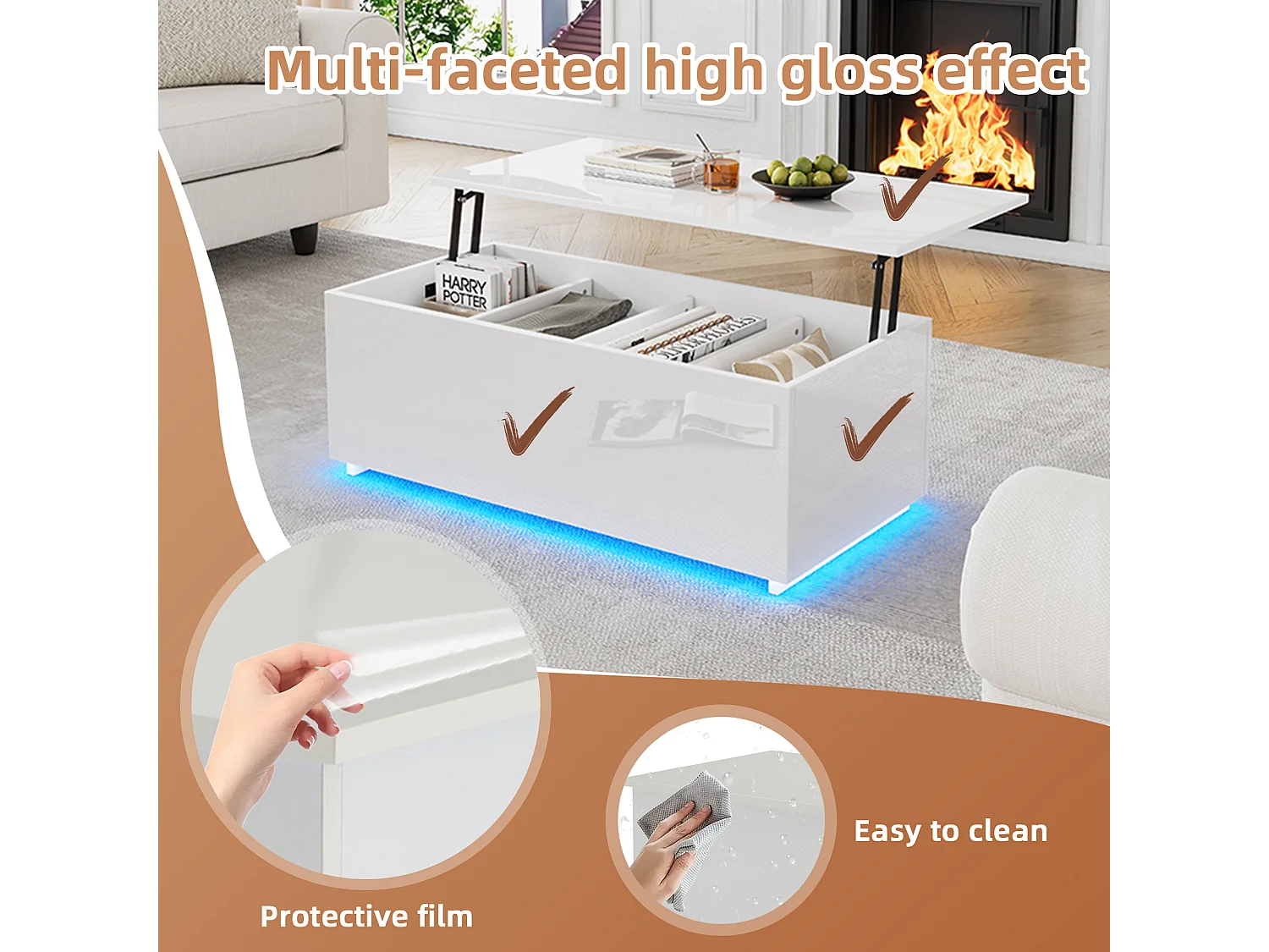 URBAN MEUBLE Table basse relevable blanche brillante avec éclairage LED 100*50*35 cm