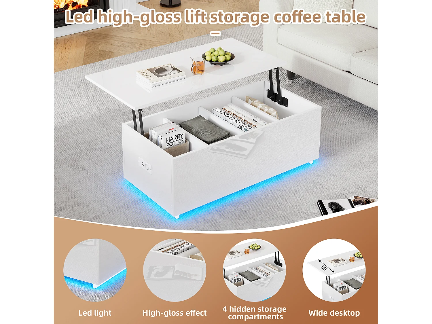 URBAN MEUBLE Table basse relevable blanche brillante avec éclairage LED 100*50*35 cm