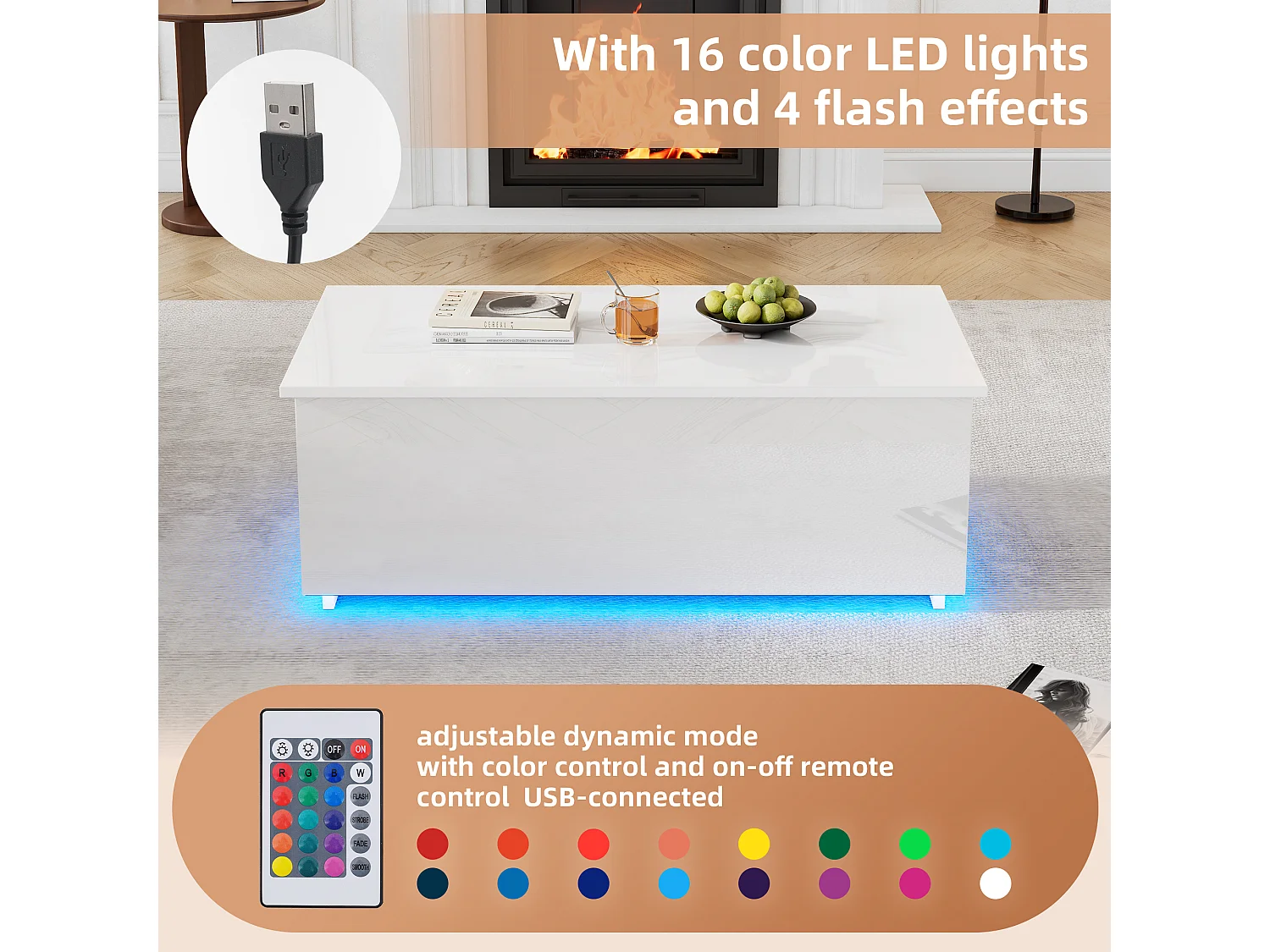 URBAN MEUBLE Table basse relevable blanche brillante avec éclairage LED 100*50*35 cm