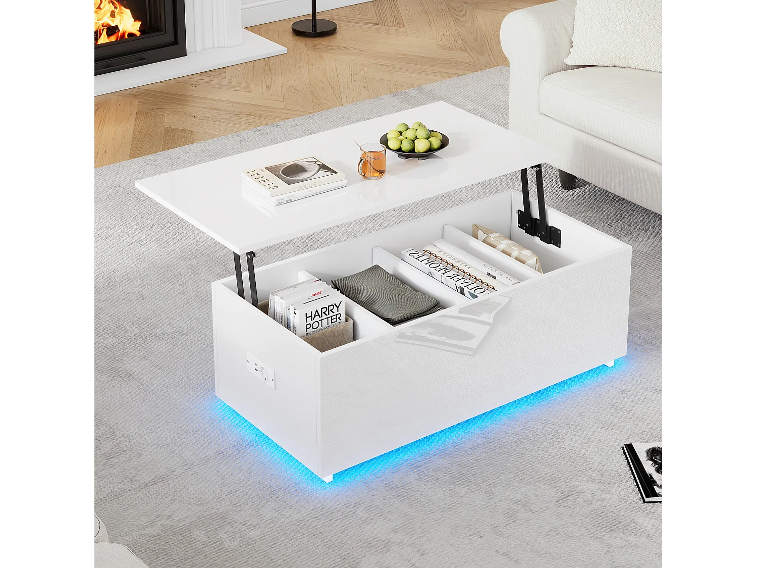 URBAN MEUBLE Table basse relevable blanche brillante avec éclairage LED 100*50*35 cm