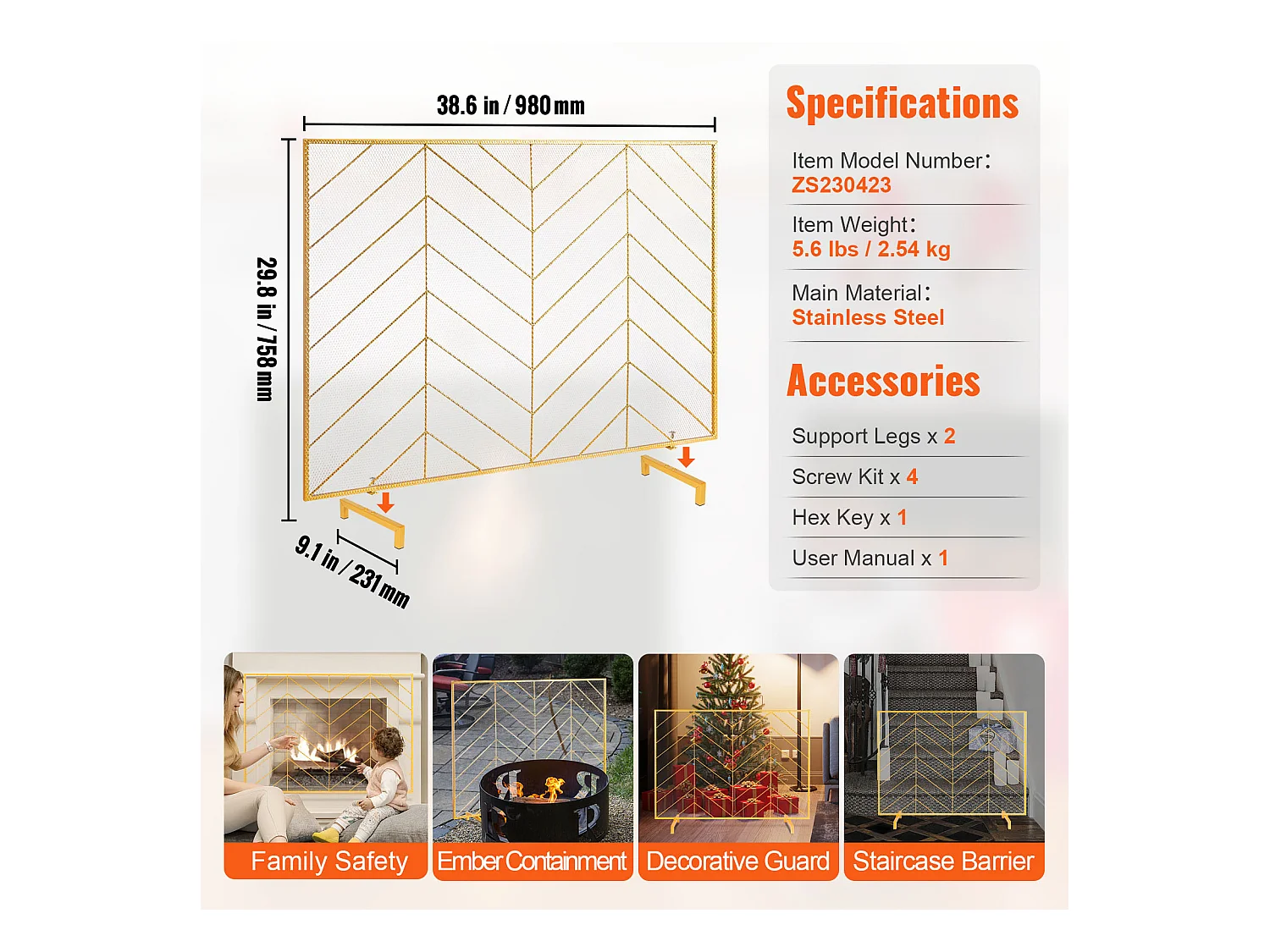 Pare-Feu de Cheminée SucceBuy en Treillis Métallique à 1 Panneau, 98 x 76 cm, Doré
