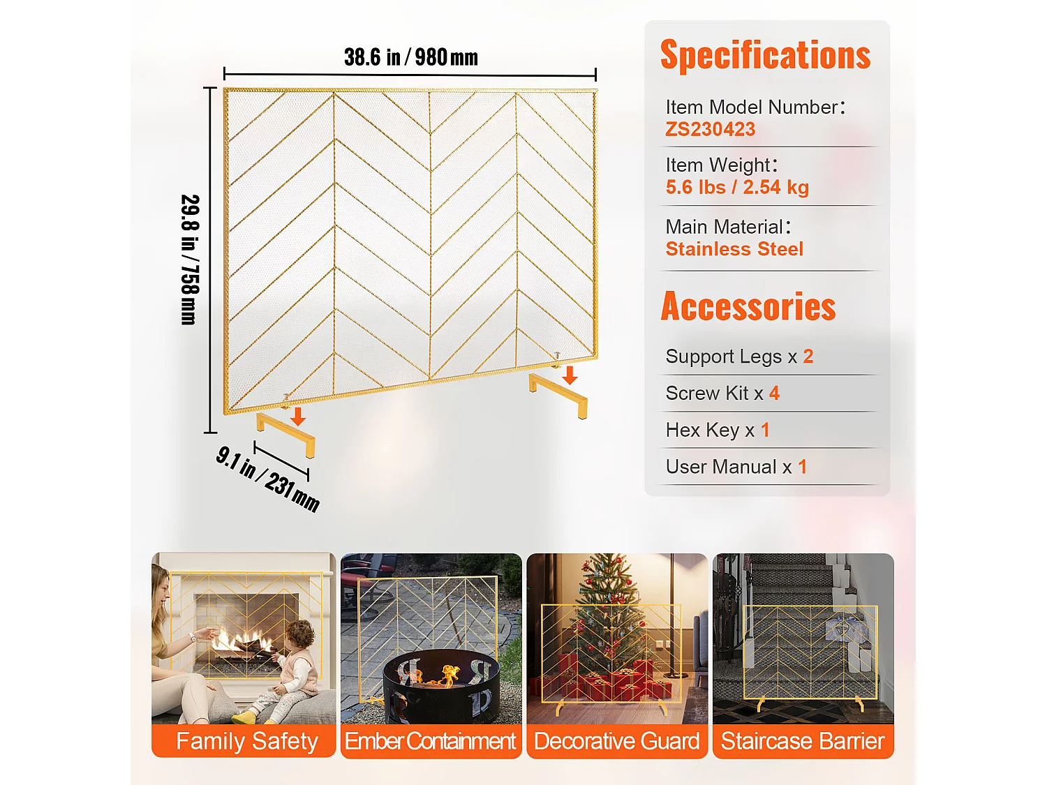 Pare-Feu de Cheminée SucceBuy en Treillis Métallique à 1 Panneau, 98 x 76 cm, Doré