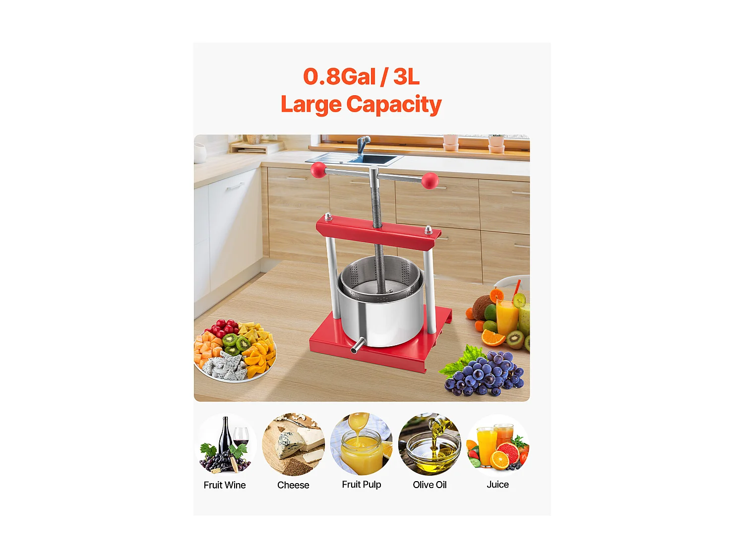 Espremedor de Fruta SucceBuy Prensa Manual de Frutas e Vinho de 3 L em Aço Inoxidável para Fabrico de Cerveja Caseira.