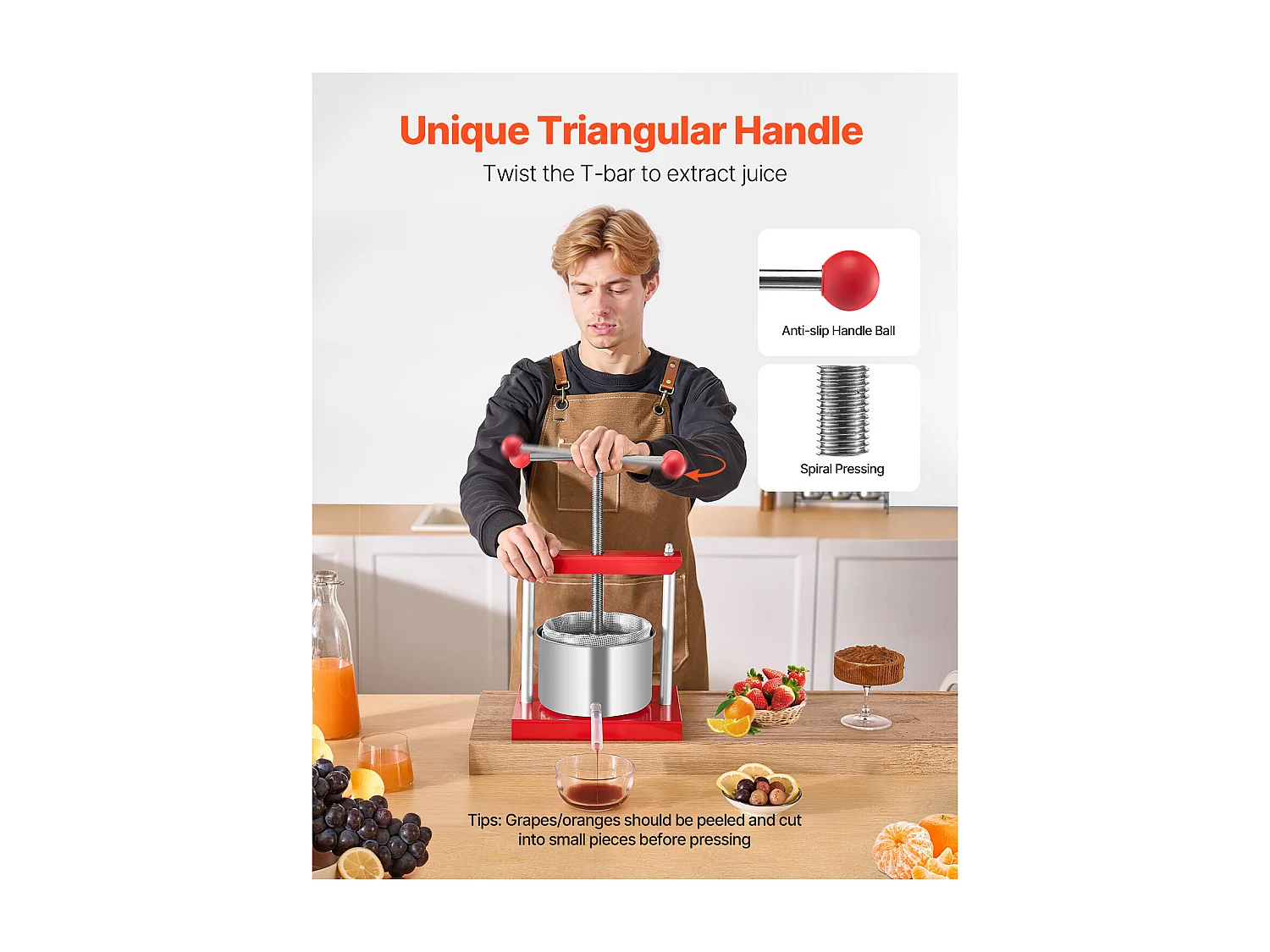 Espremedor de Fruta SucceBuy Prensa Manual de Frutas e Vinho de 3 L em Aço Inoxidável para Fabrico de Cerveja Caseira.