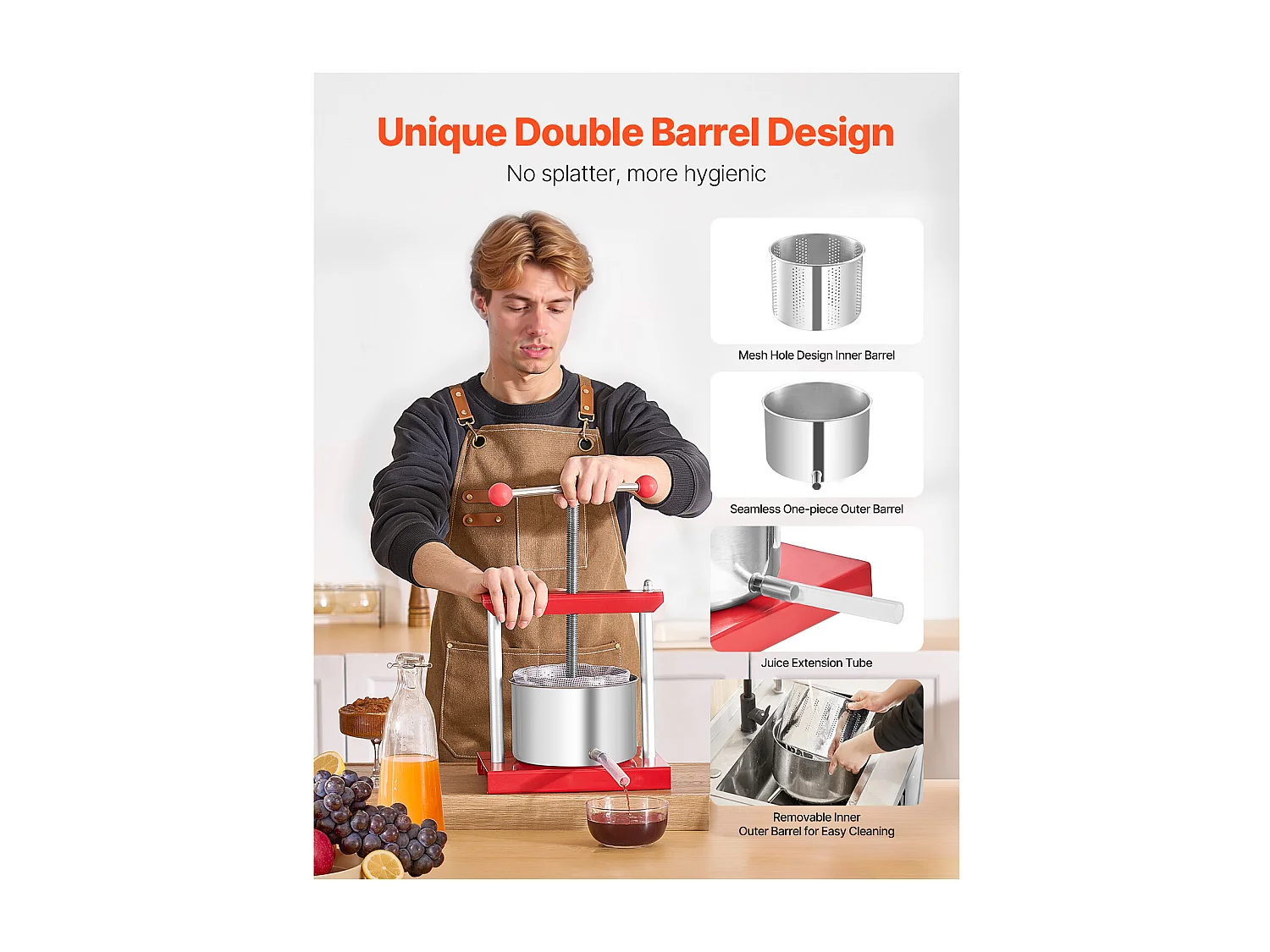 Espremedor de Fruta SucceBuy Prensa Manual de Frutas e Vinho de 3 L em Aço Inoxidável para Fabrico de Cerveja Caseira.