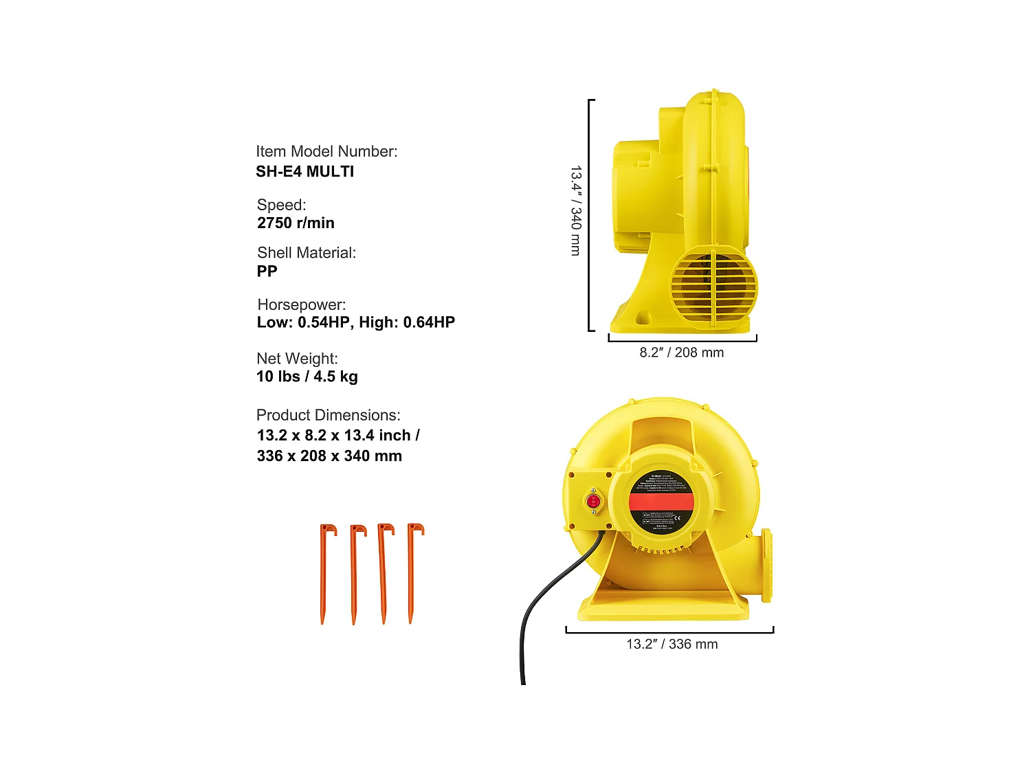 Souffleur d'Air SucceBuy Souffleur d'Air 450 W pour Château Gonflable, Pompe 0,6 CV, Pompe à Air Robuste, La Couleur est Jaune