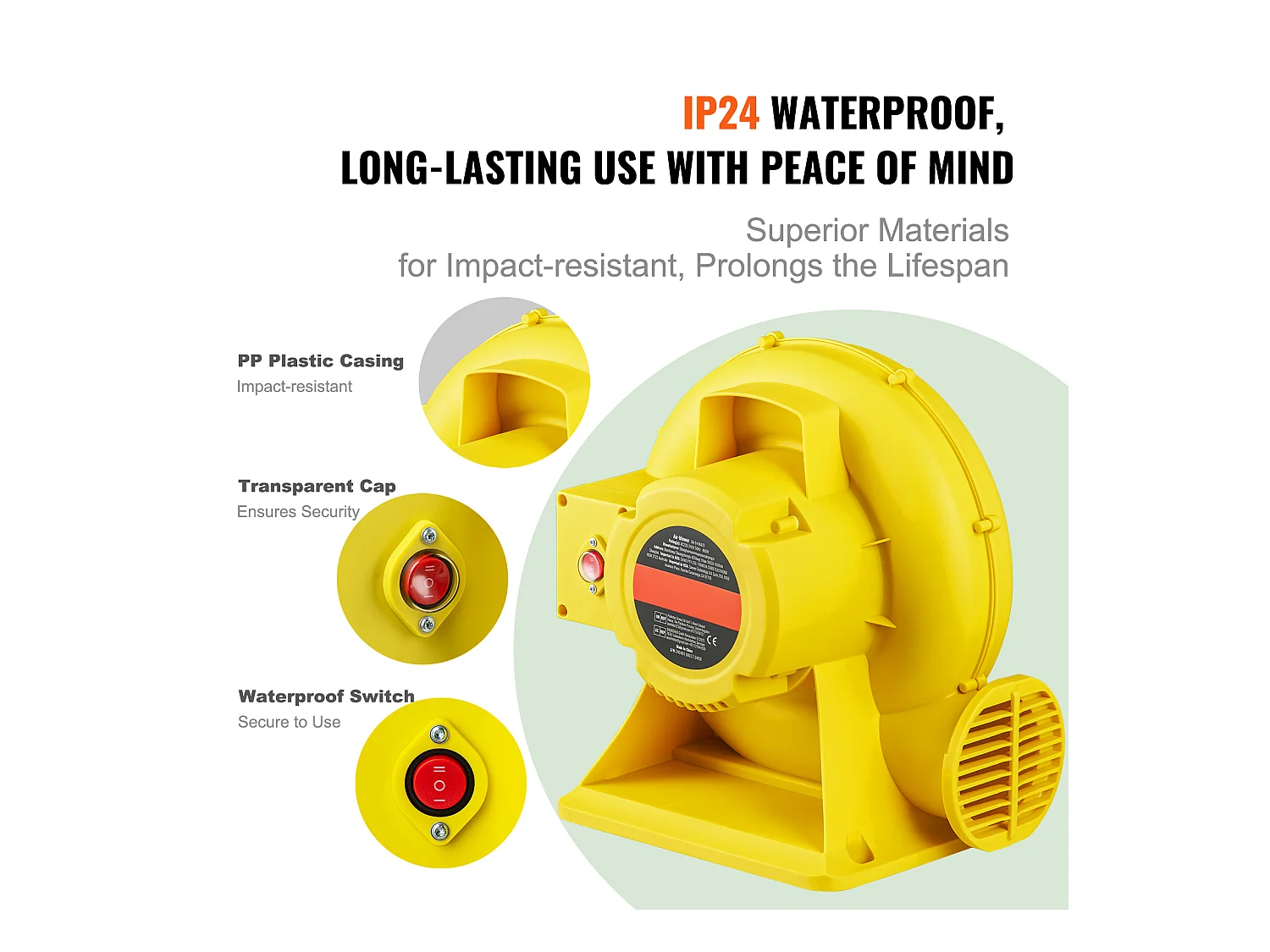 Souffleur d'Air SucceBuy Souffleur d'Air 450 W pour Château Gonflable, Pompe 0,6 CV, Pompe à Air Robuste, La Couleur est Jaune