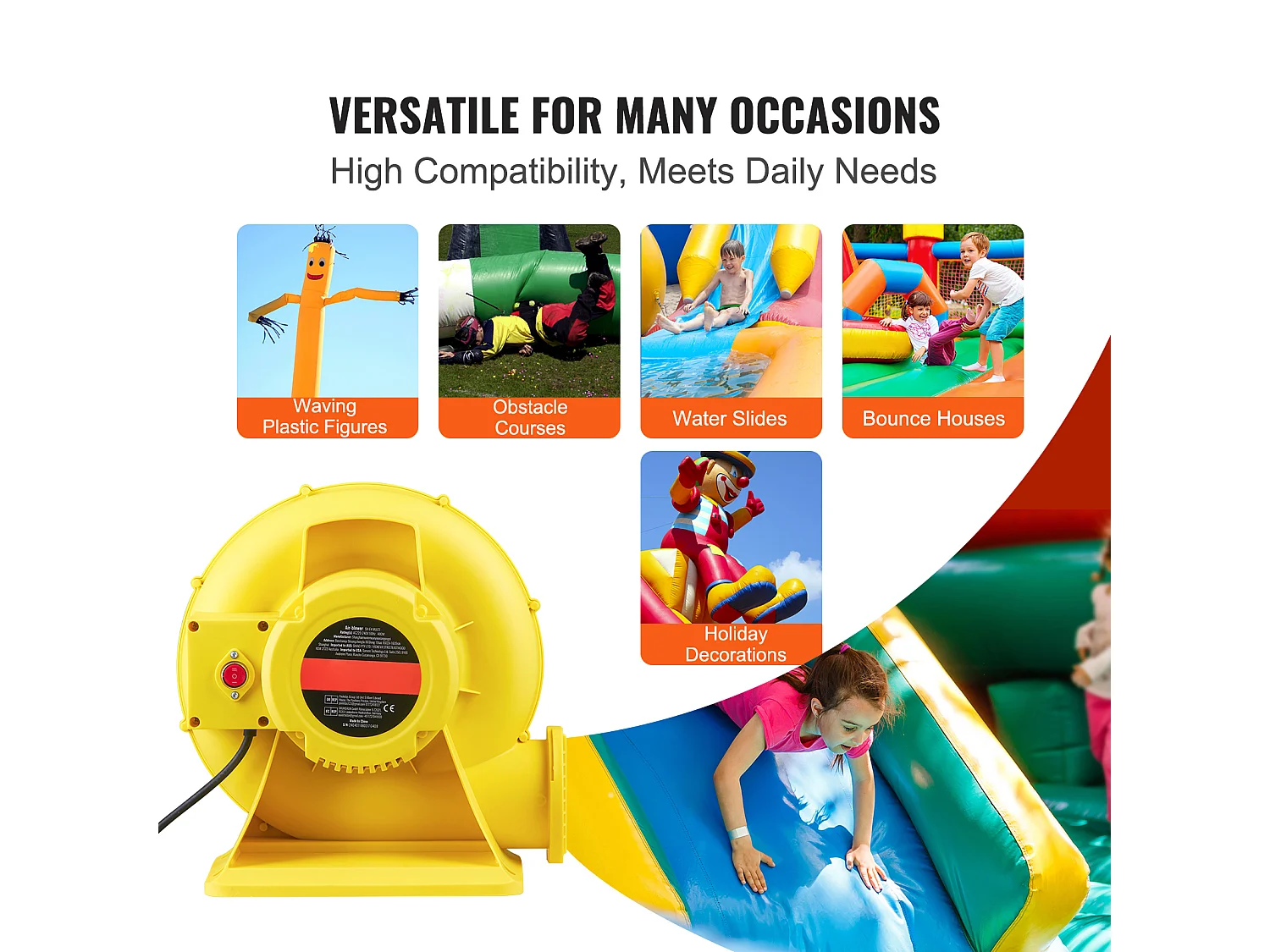 Souffleur d'Air SucceBuy Souffleur d'Air 450 W pour Château Gonflable, Pompe 0,6 CV, Pompe à Air Robuste, La Couleur est Jaune