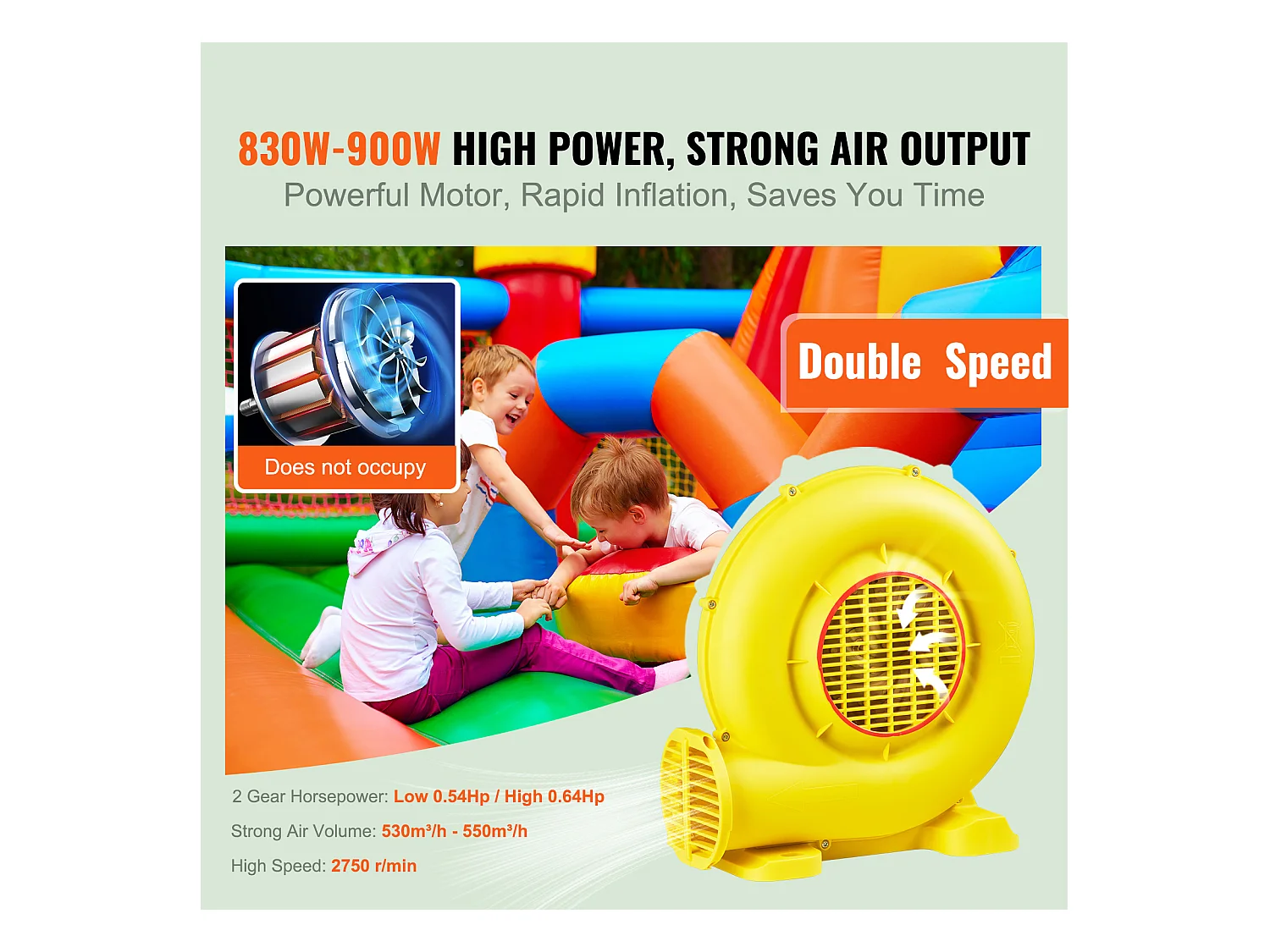 Souffleur d'Air SucceBuy Souffleur d'Air 450 W pour Château Gonflable, Pompe 0,6 CV, Pompe à Air Robuste, La Couleur est Jaune