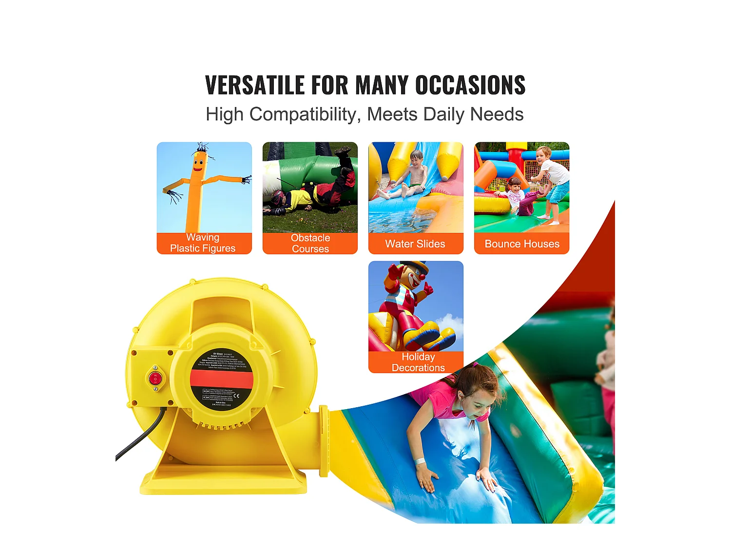 Souffleur d'Air SucceBuy Souffleur d'Air 450 W pour Château Gonflable, Pompe 0,6 CV, Pompe à Air Robuste, La Couleur est Jaune