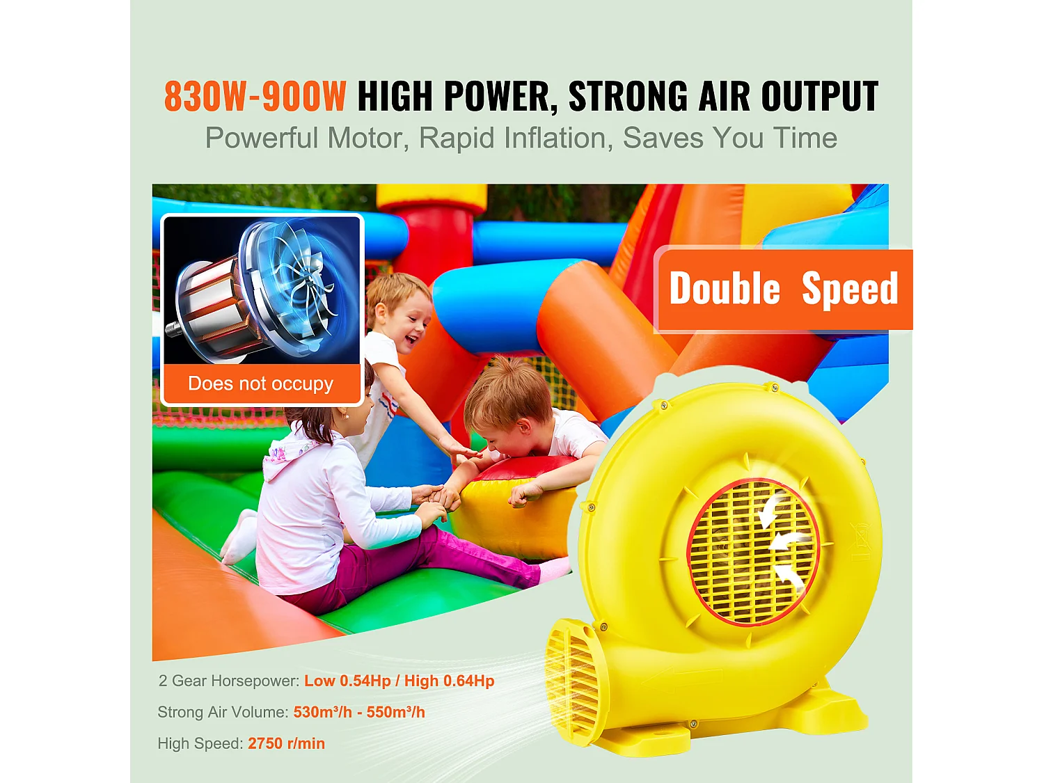 Souffleur d'Air SucceBuy Souffleur d'Air 450 W pour Château Gonflable, Pompe 0,6 CV, Pompe à Air Robuste, La Couleur est Jaune