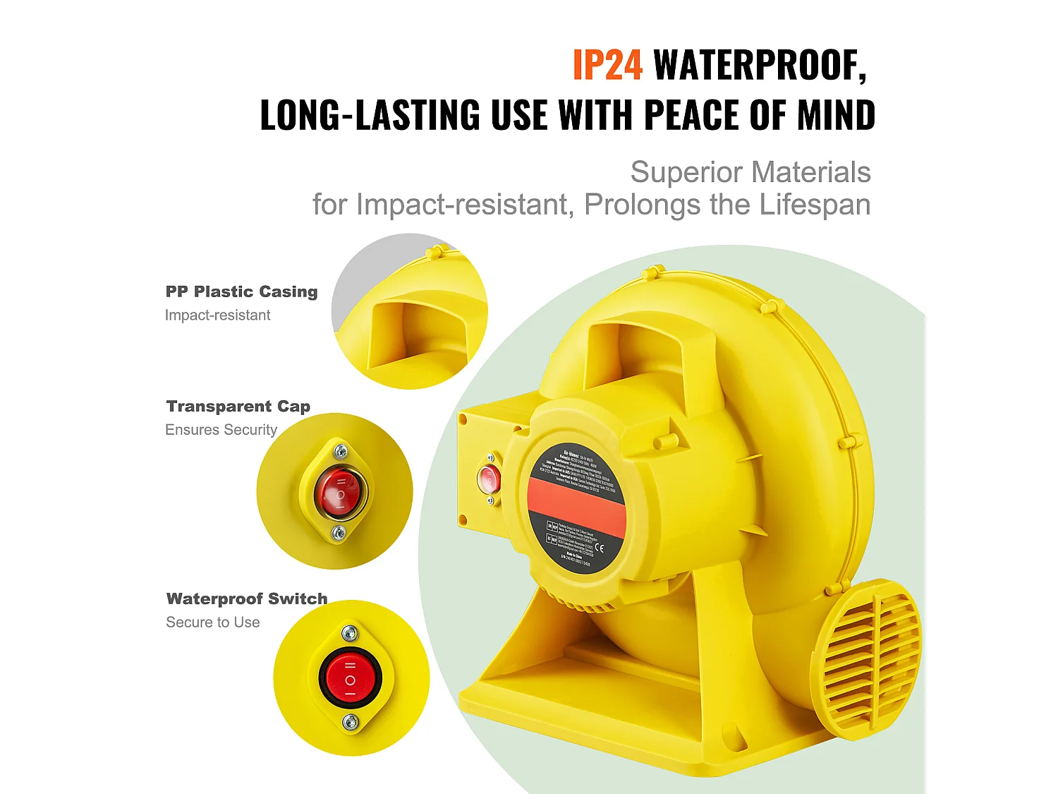 Souffleur d'Air SucceBuy Souffleur d'Air 450 W pour Château Gonflable, Pompe 0,6 CV, Pompe à Air Robuste, La Couleur est Jaune