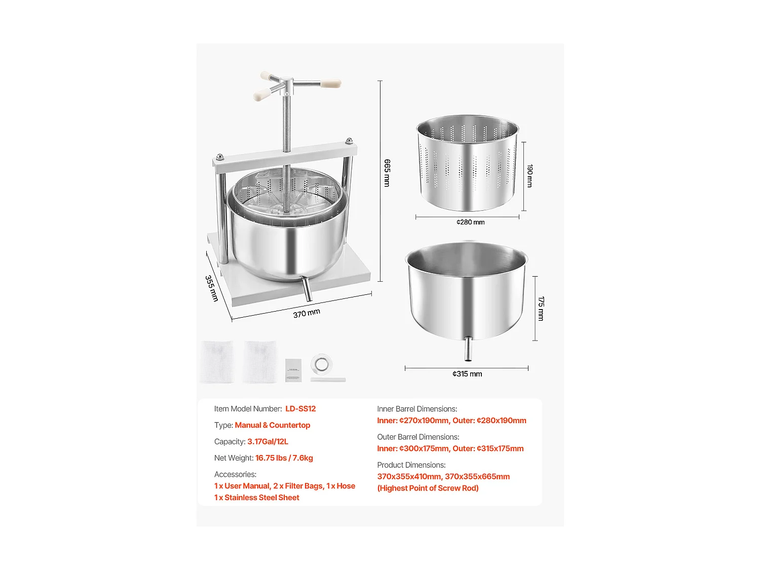 Fruitpers SucceBuy 12 L Roestvrijstalen Handmatige Fruitwijnpers voor Wijnbereiding.