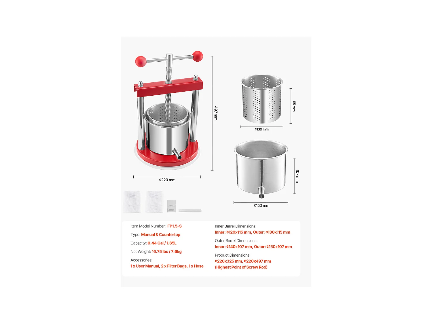 Fruitpers SucceBuy 1,5 L Roestvrijstalen Handmatige Fruitpers voor Zelfgemaakte Wijn.